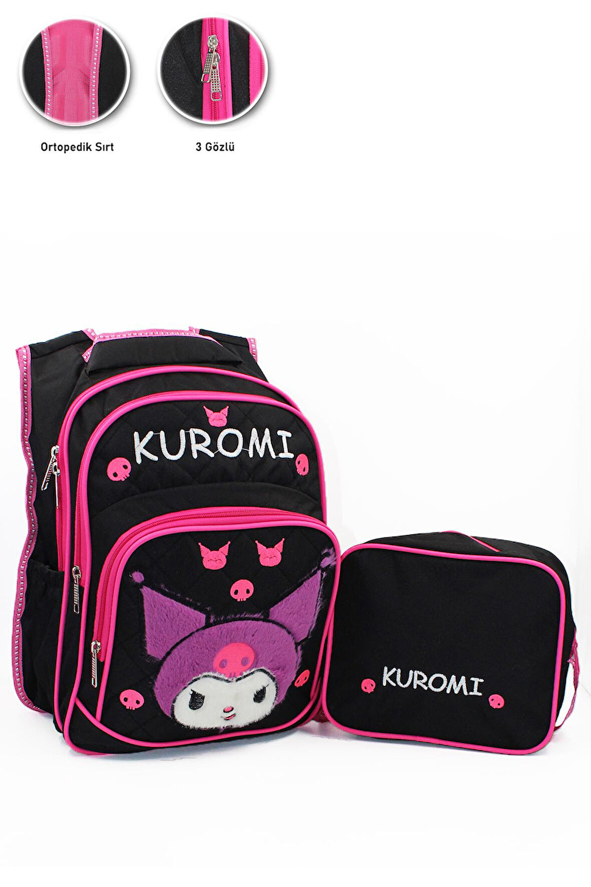 3 Gözlü Tüylü Kuromi İlkokul Çantası + Beslenme - Kuromi İlkokul Kız Çantası Mini Kafalı