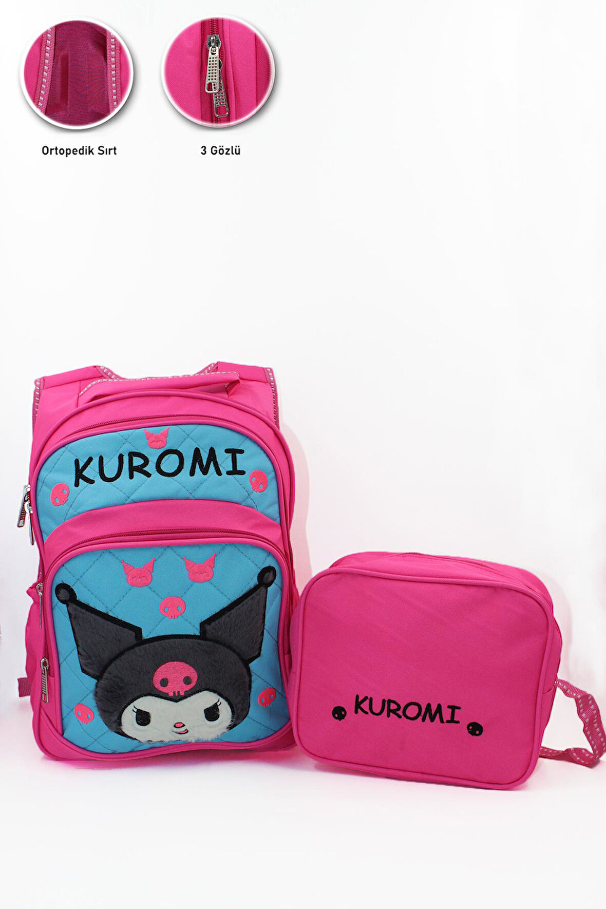 3 Gözlü Tüylü Kuromi İlkokul Çantası + Beslenme - Kuromi İlkokul Kız Çantası Mini Kafalı