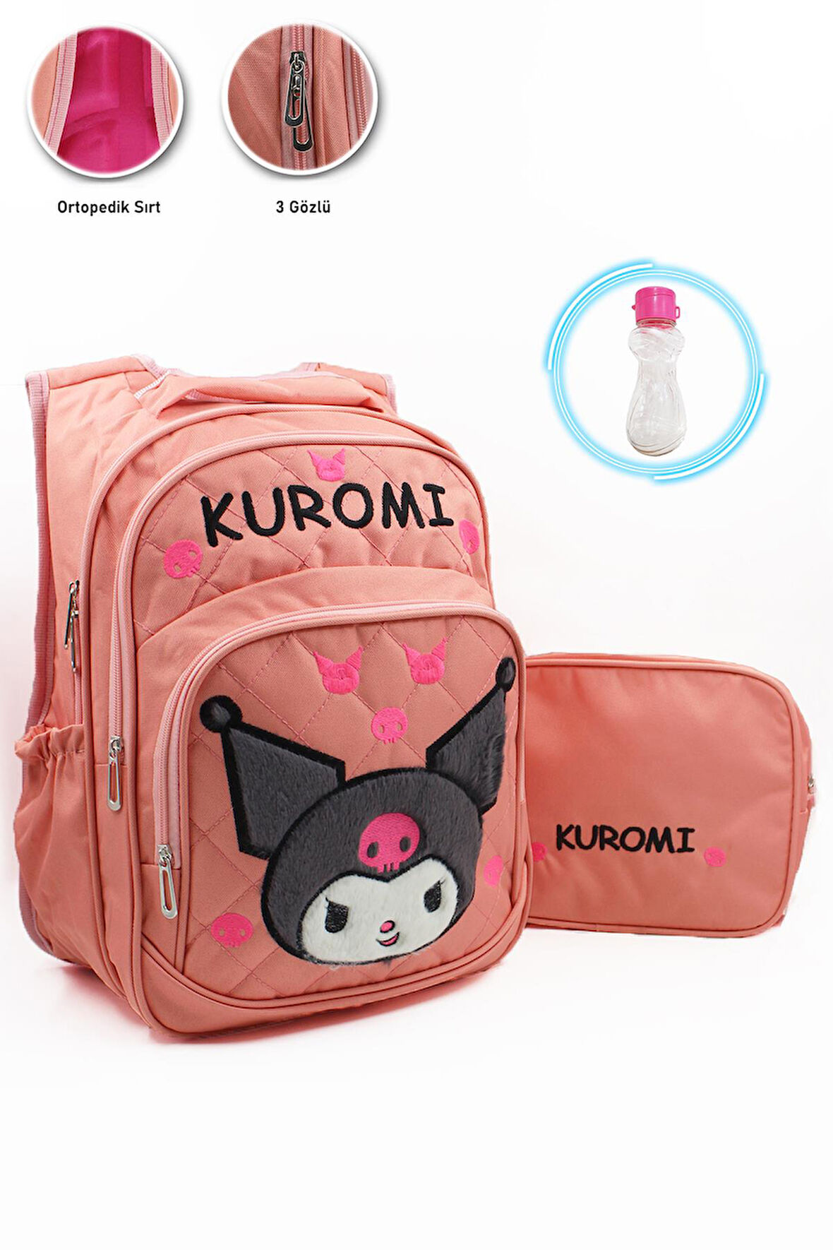 3 Gözlü Tüylü Kuromi İlkokul Çantası + Beslenme + Suluk - Kuromi İlkokul Kız Çantası Mini Kafalı