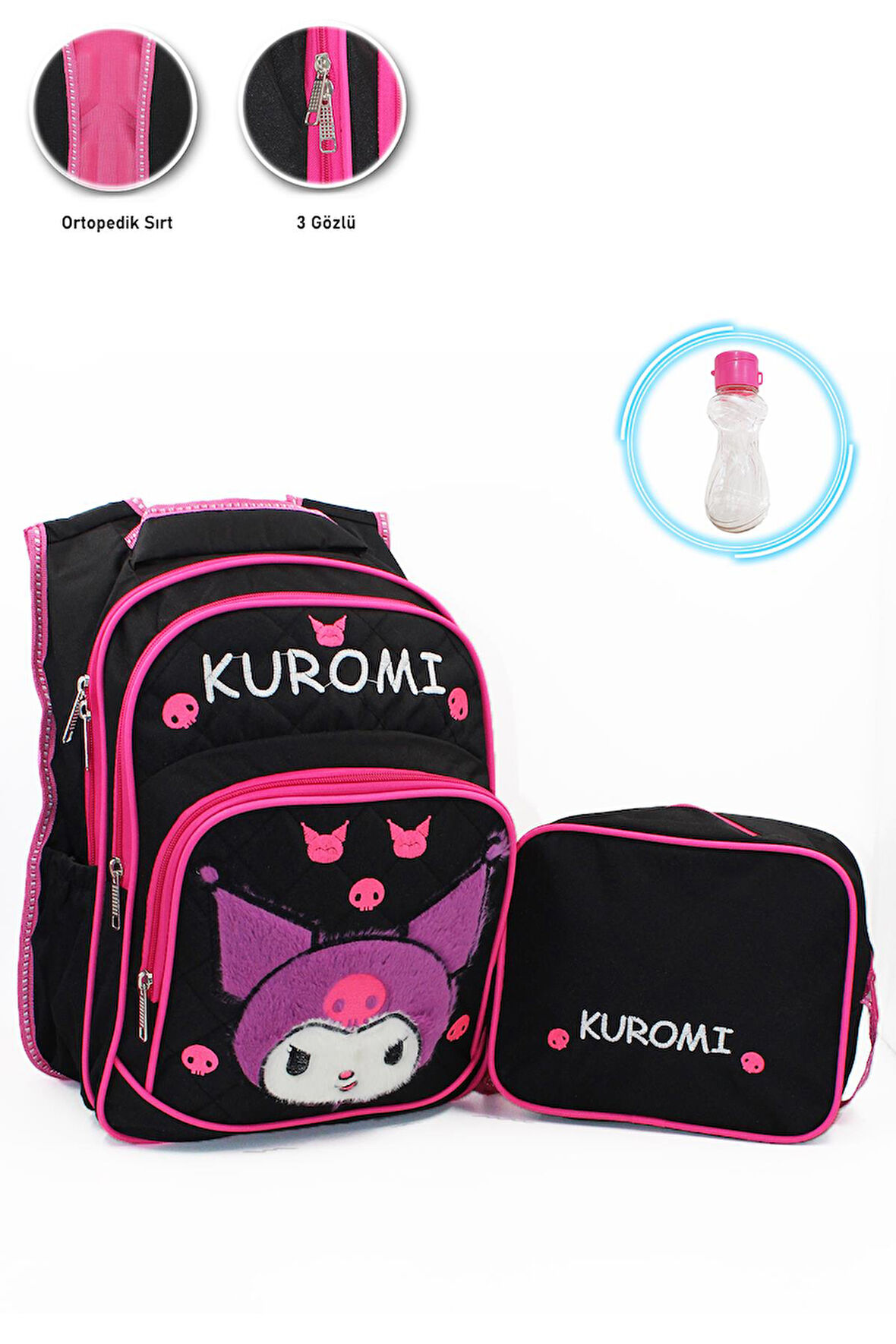 3 Gözlü Tüylü Kuromi İlkokul Çantası + Beslenme + Suluk - Kuromi İlkokul Kız Çantası Mini Kafalı