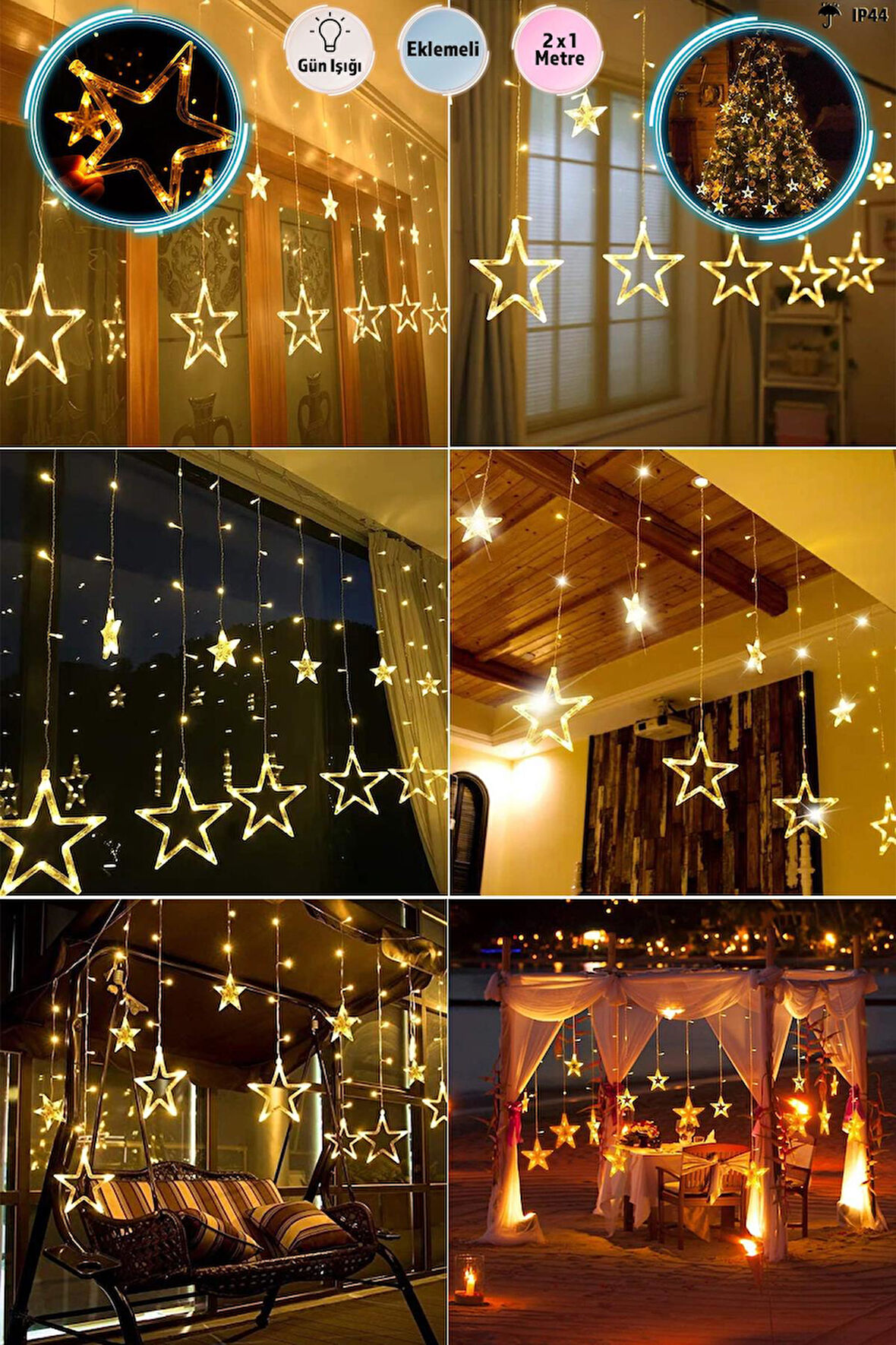 2x1m Eklemeli Gün Işığı 12 Sarkıt Yıldız Led - 8 Modlu Yıldız Led Dekor Led Süsleme Led Yılbaşı Led