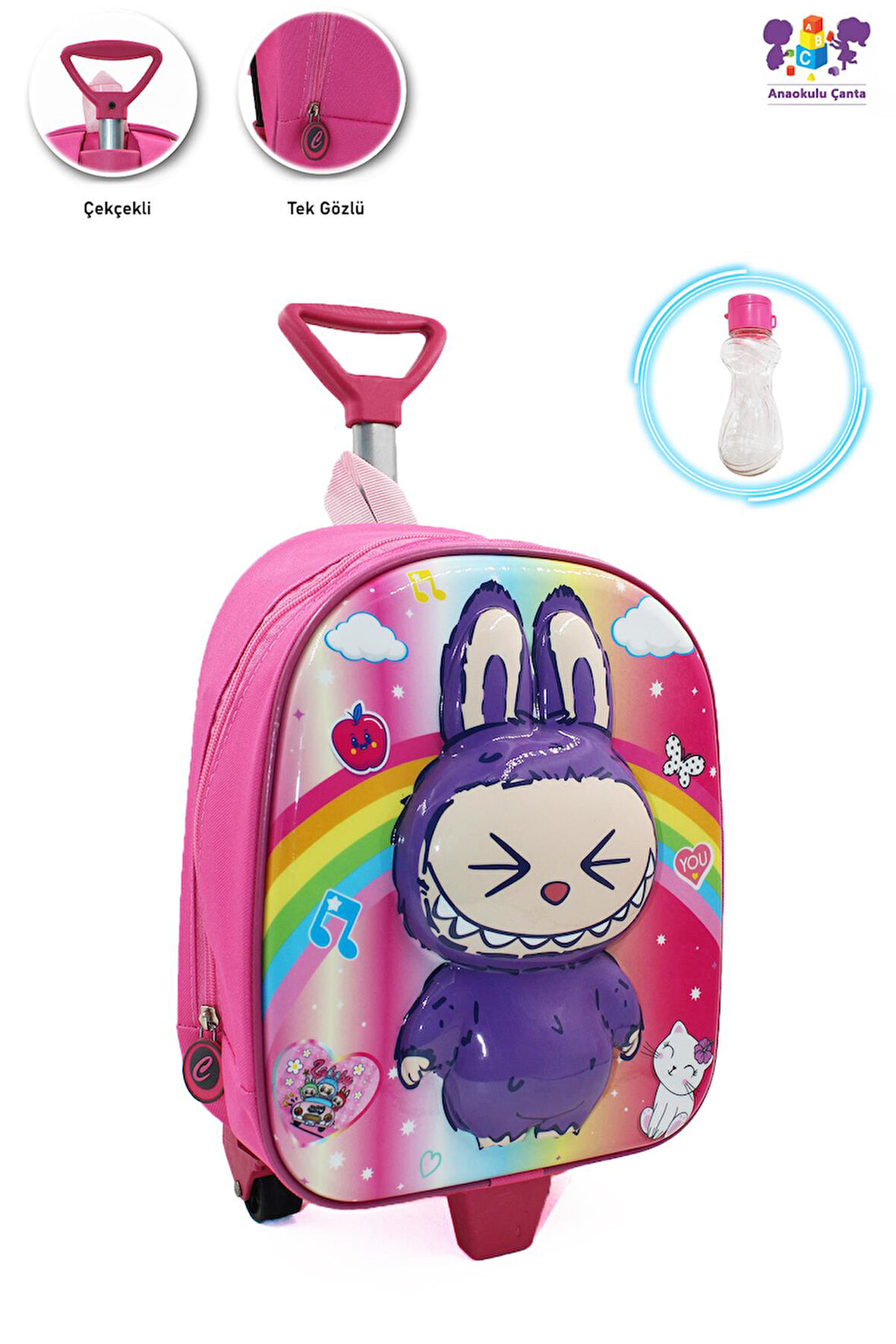 Labubu Çekçekli Anaokulu Çantası + Suluk - Çocuk Çanta - Kreş Çantası - Labubu Çanta