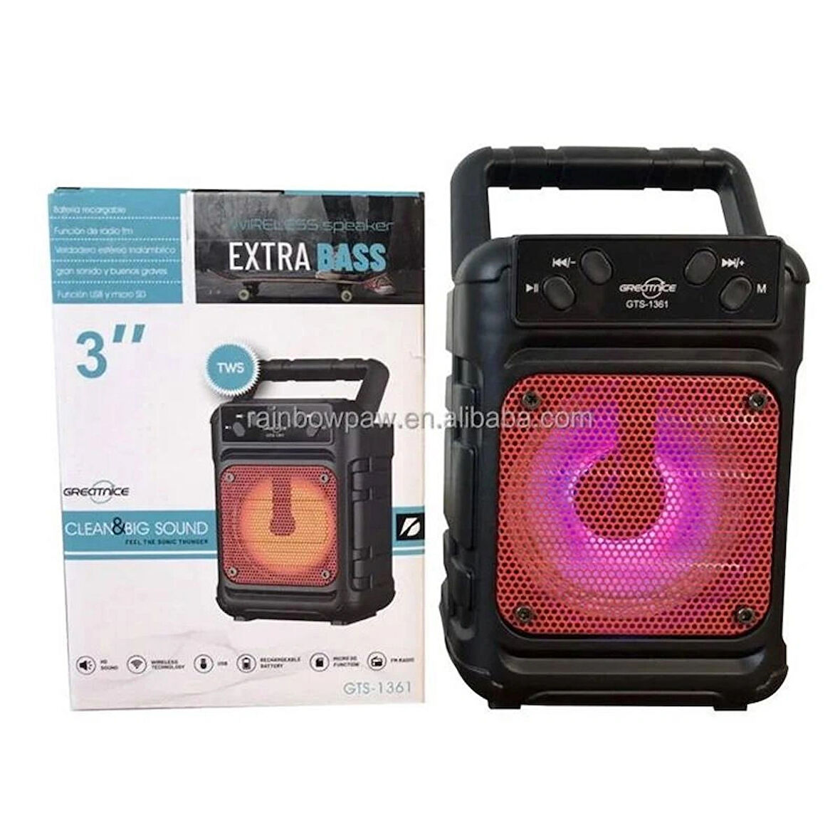 GREATNICE GTS-1361 Taşınabilir Kablosuz Bluetooth Hoparlör | Extra Bass | Renkli LED Işık | USB/SD Destekli