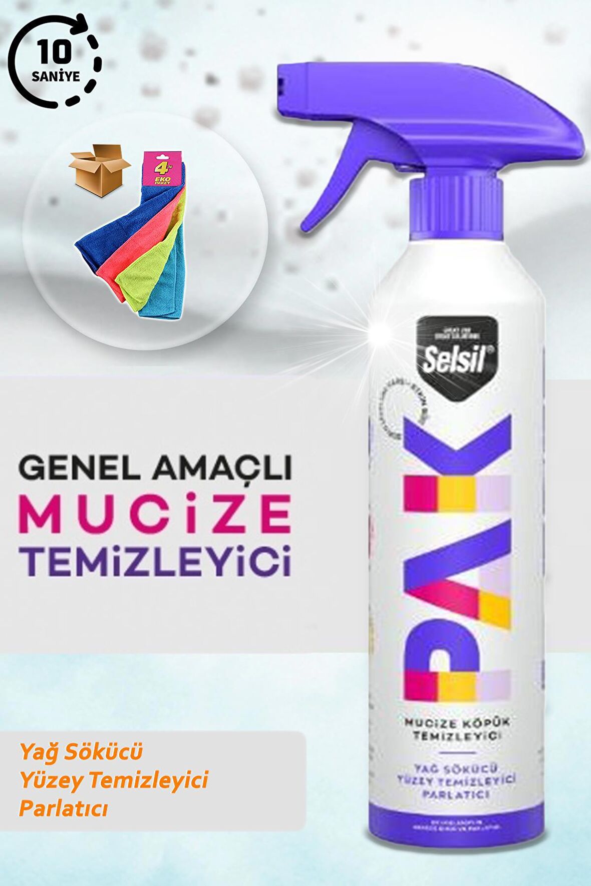 500ML Selsil Pak Mucize Temizleyici Köpük Sprey Model + 4 Lü Fiber - Selsilpak Köpük Sprey