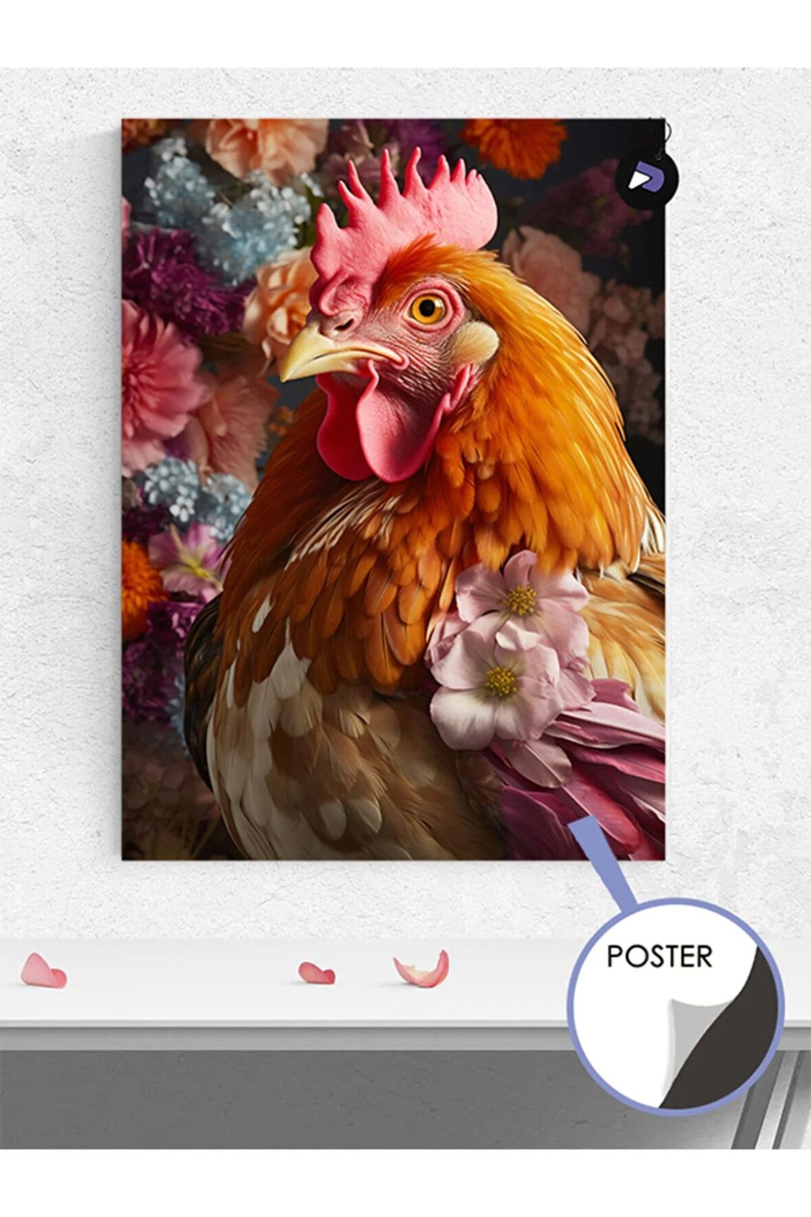 Horoz ve Çiçekler Hayvan Poster - Afiş - Dekoratif Duvar Posteri