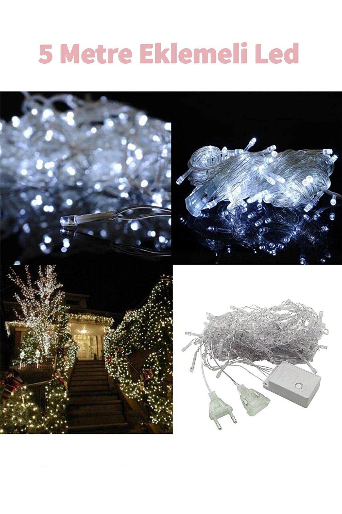 Fonksiyonlu Beyaz 5 Metre Dekor Led - Çam Ağacı Süsü Yılbaşı Süsü - Pirinç Led