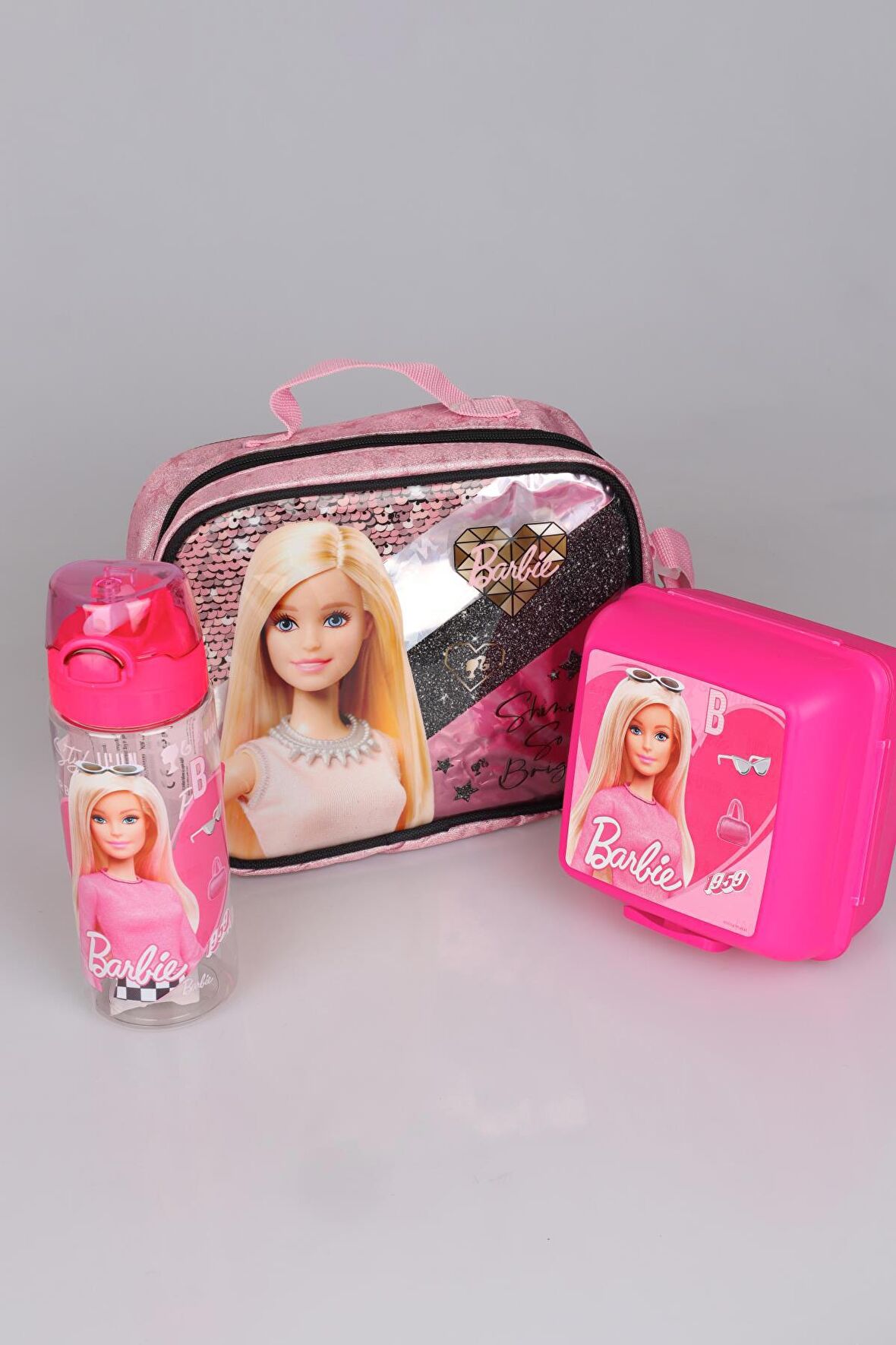 DEKOMUS LİSANSLI BARBIE GİZEMLİ PARILTILAR KOLEKSİYONU "COLLEGE" BESLENME ÇANTASI,500 ML MATARA VE BESLENME KABI SETİ