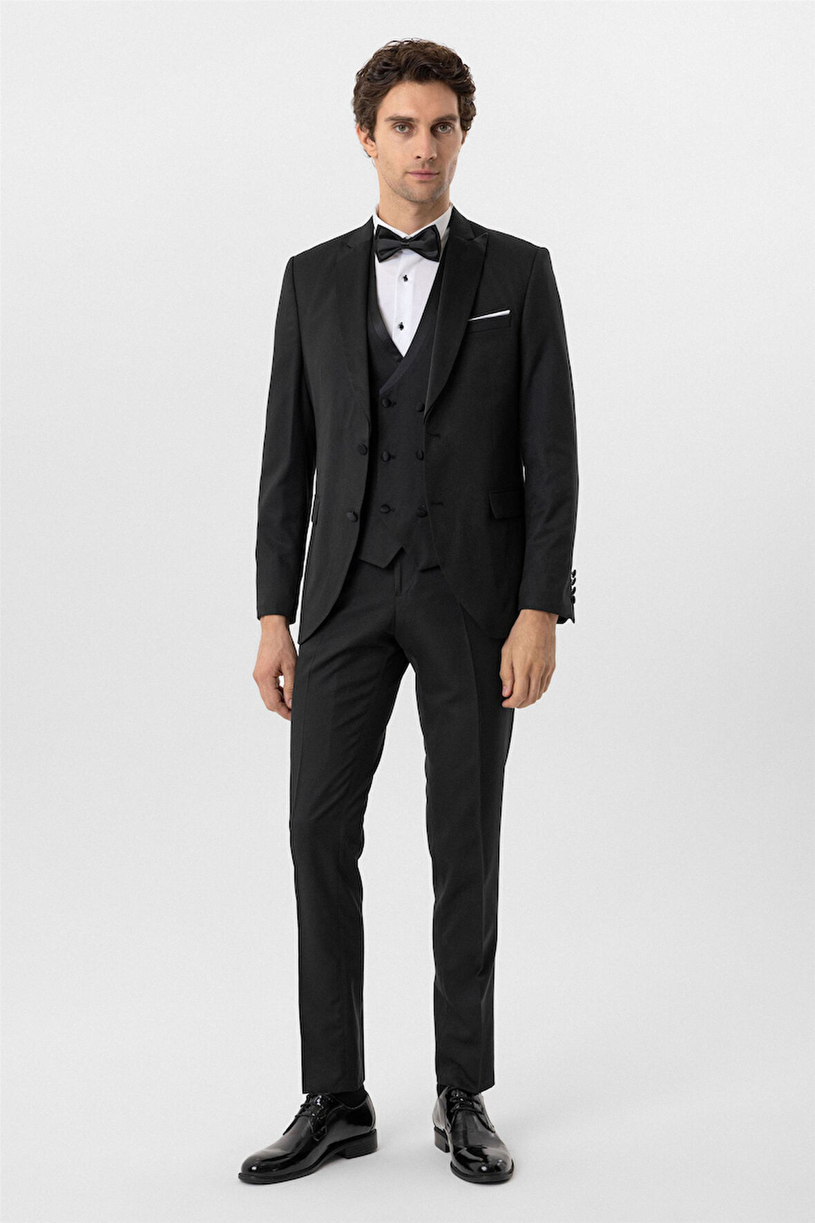 Siyah Slim Fit Armürlü Sivri Yaka 6 Drop Smokin & Damatlık