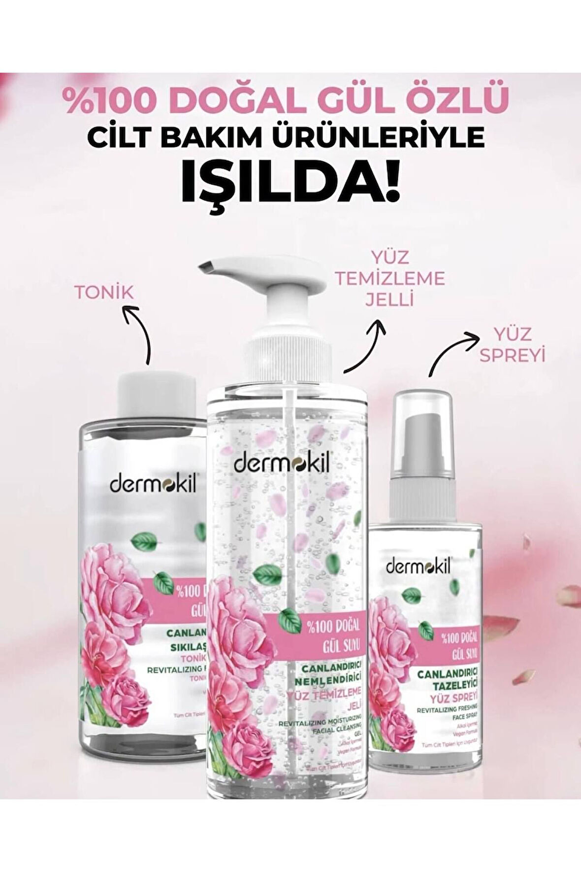 %100 Doğal Gül Suyu Cilt Bakım Seti Jel+Tonik+Sprey