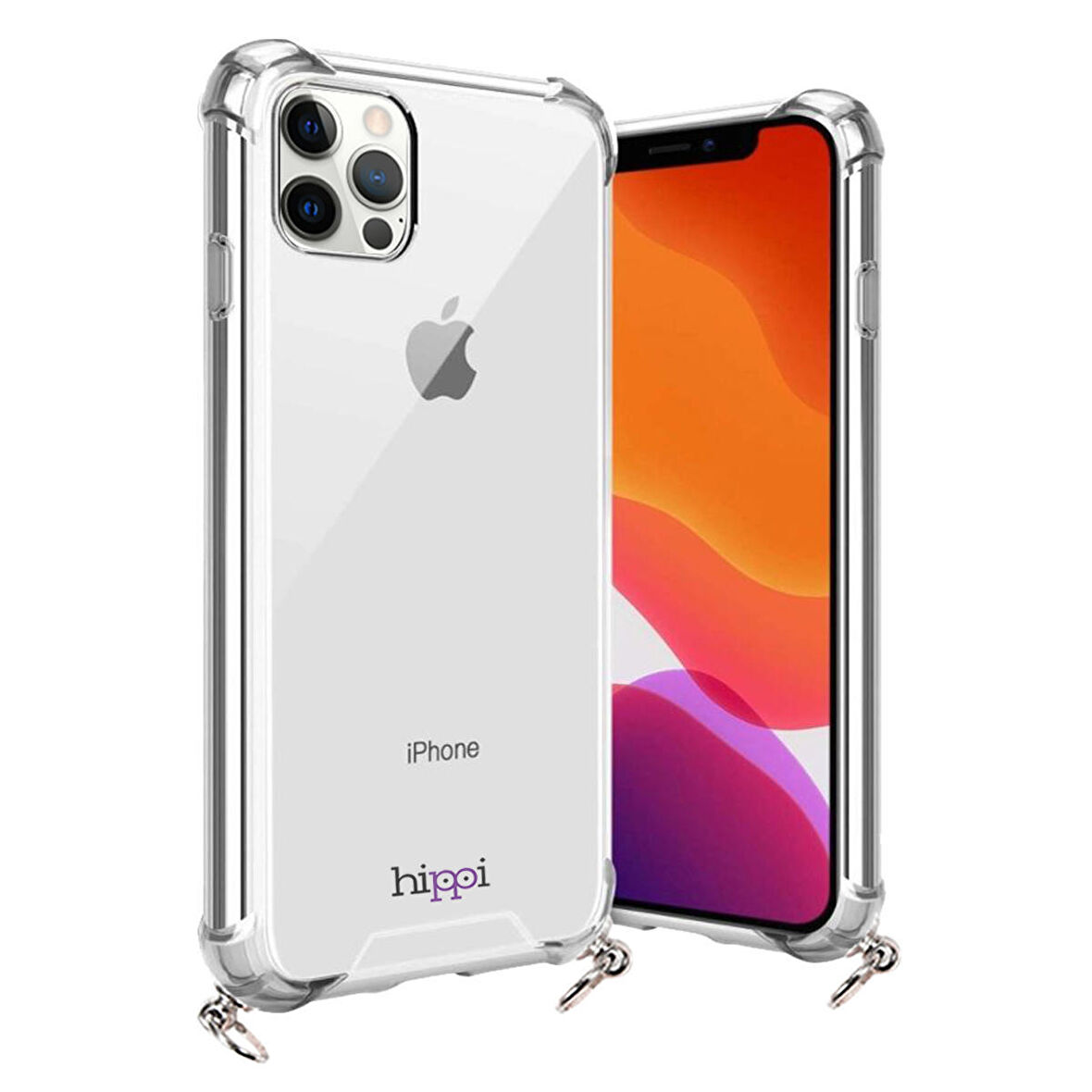 Hippi iPhone 12 Pro Max Uyumlu Darbe Emici Dayanıklı Sert Şeffaf Silikonlu Askılı Telefon Kılıfı