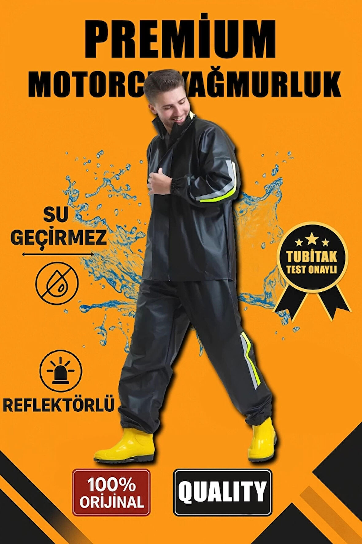 MDB Premium otorcu Kurye Yağmurluk Takım u Geçirmez PVC Kumaş Reflektörlü TÜBİTAK Onaylı  iyah