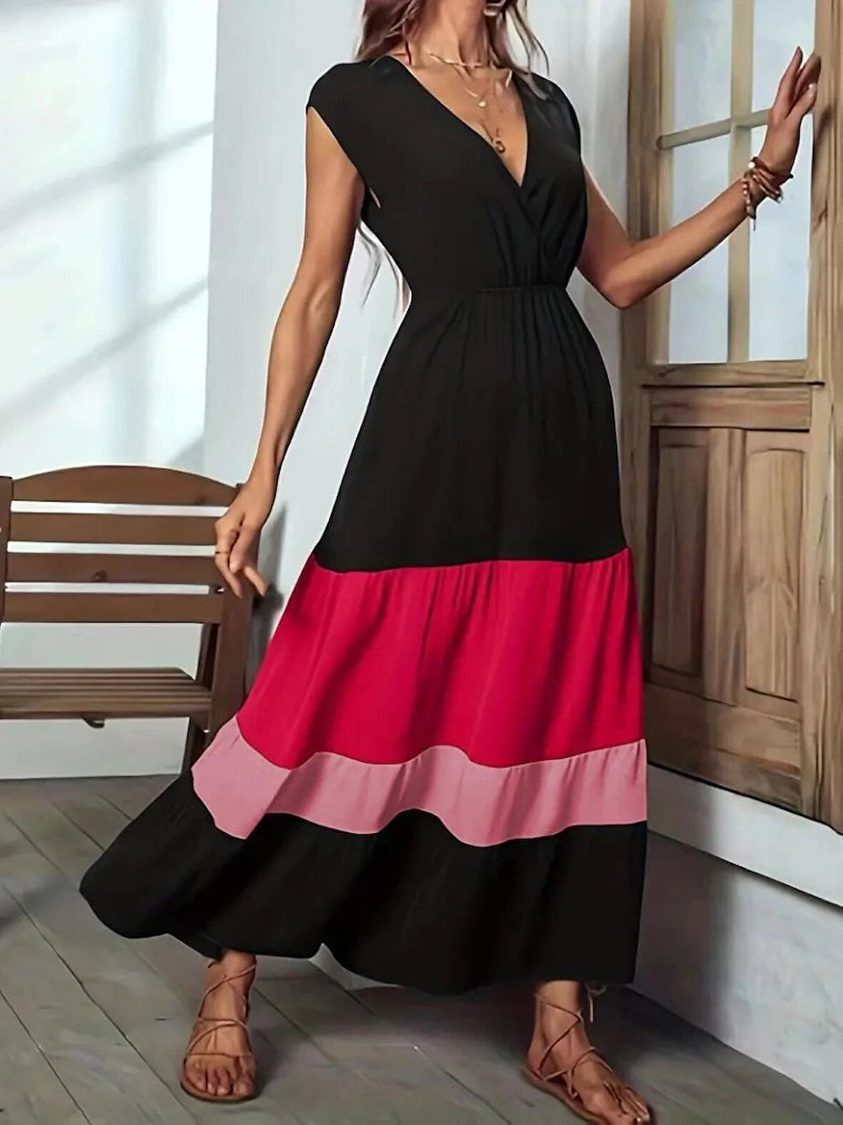 MDB Kadın Kısa Kollu Kruvaze Yakalı çok Renkli Aerobin Elbise