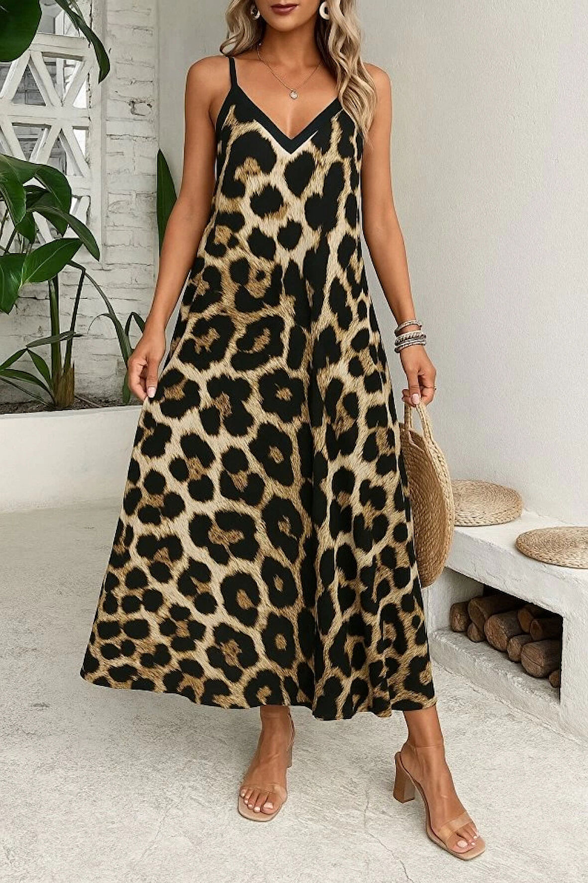 MDB Kadın Ip Askılı Geniş V Yakalı Leopar Desenli Süprem Elbise