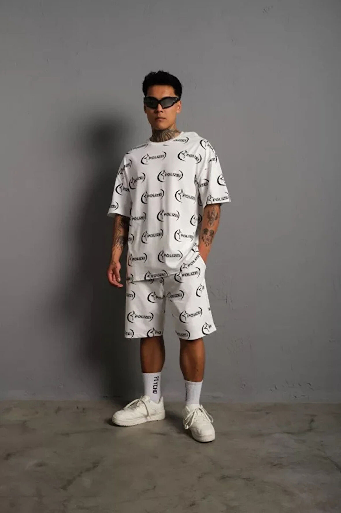 MDB Erkek Baskılı İkili Şortlu Takım  Beyaz