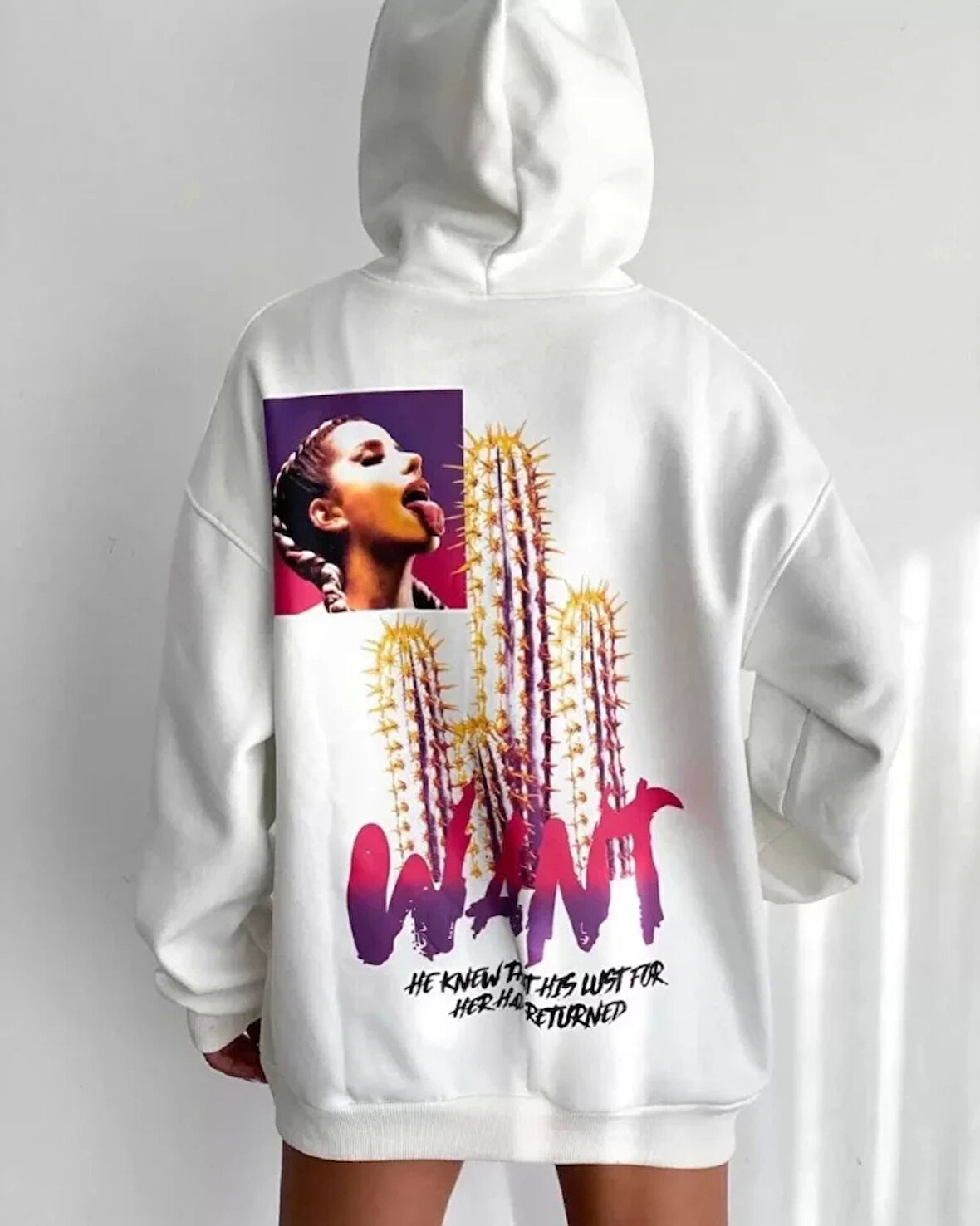 MDB Baskılı Üç İplik Kapüşonlu Oversize weatshirt  Beyaz