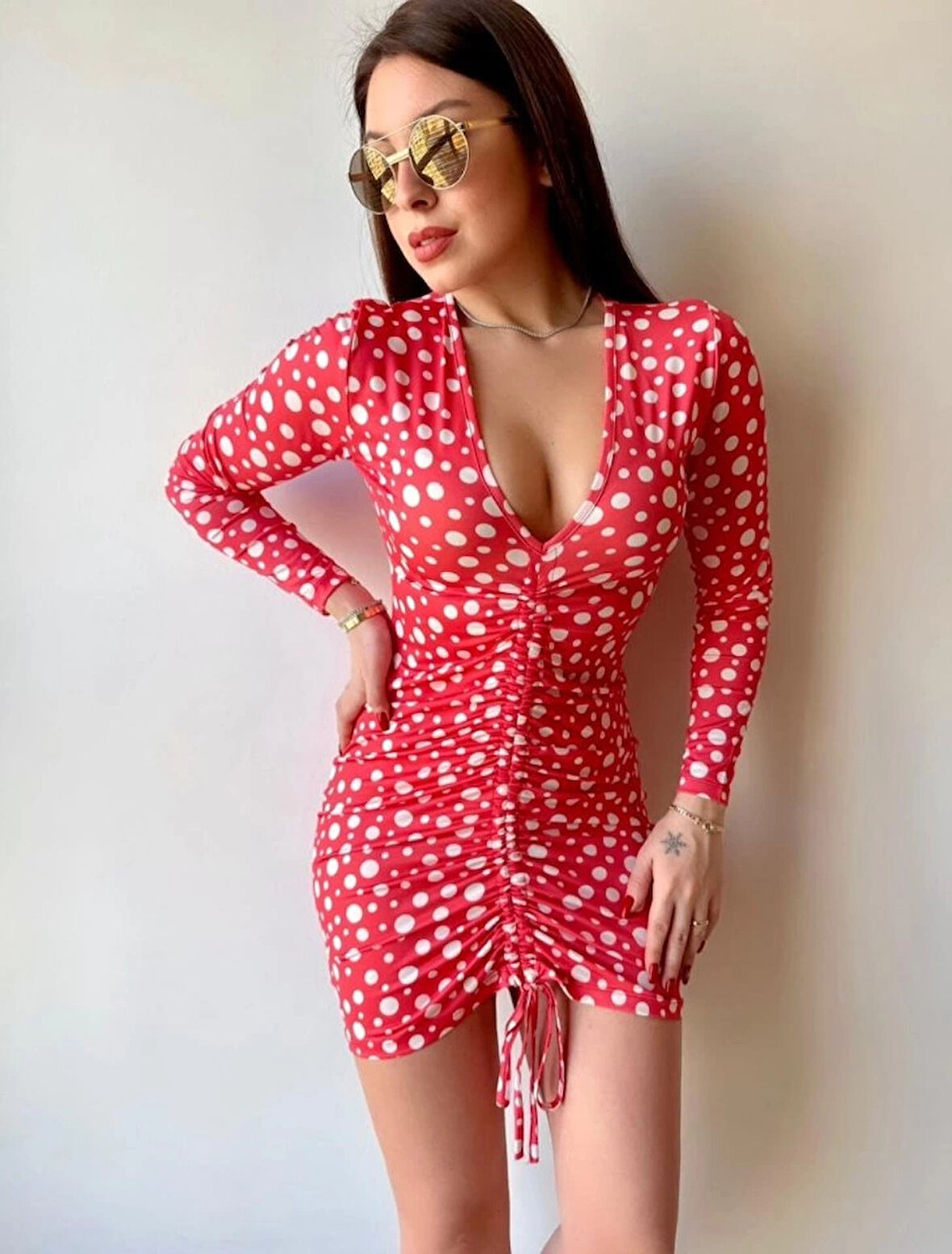 MDB Kadın V Yaka önü Asansör Büzgü Detay Fırsat ürün Puantiyeli ini Elbise