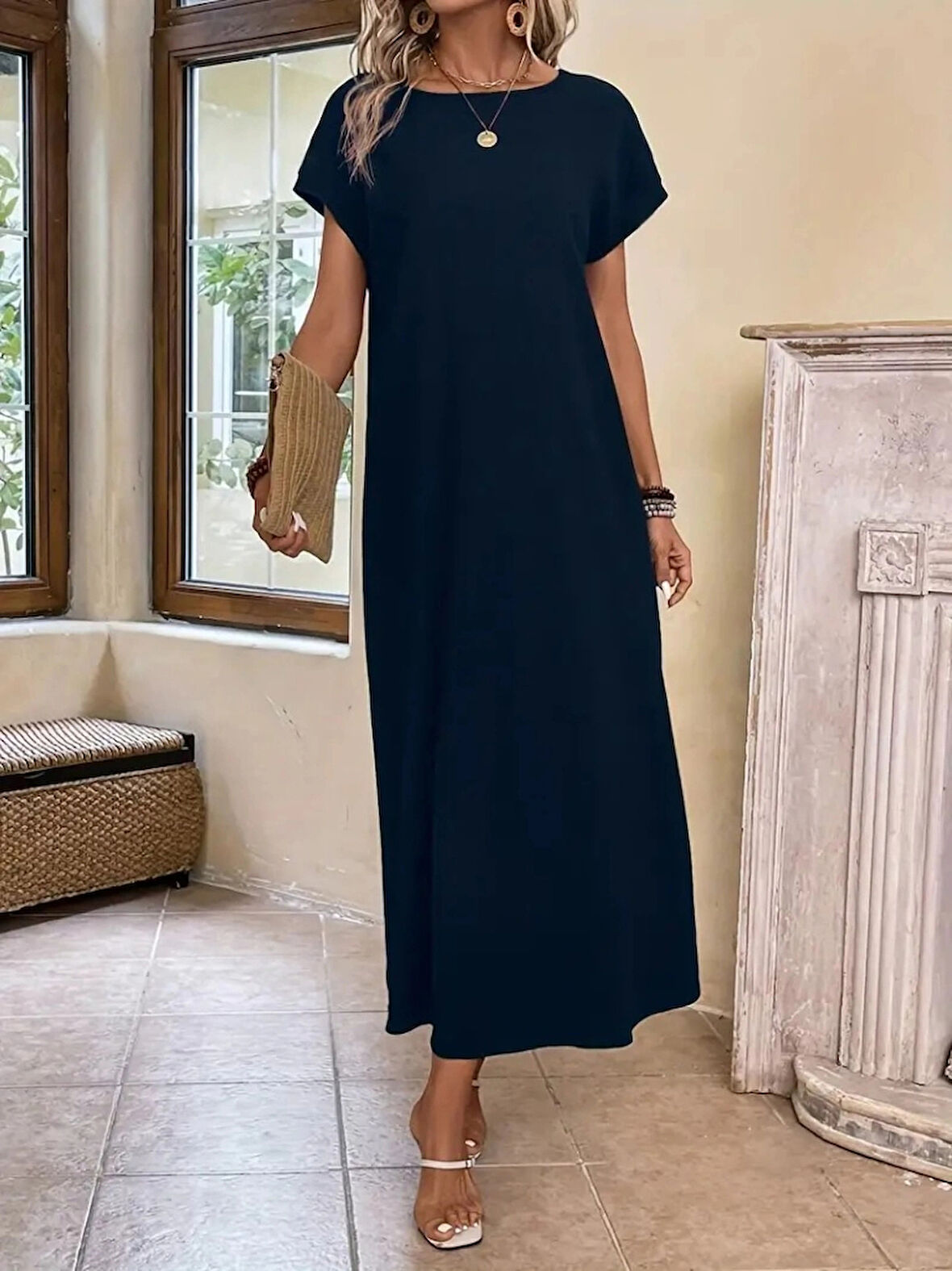 MDB Kadın Uzun Kollu Yakası Açık Viskon Elbise