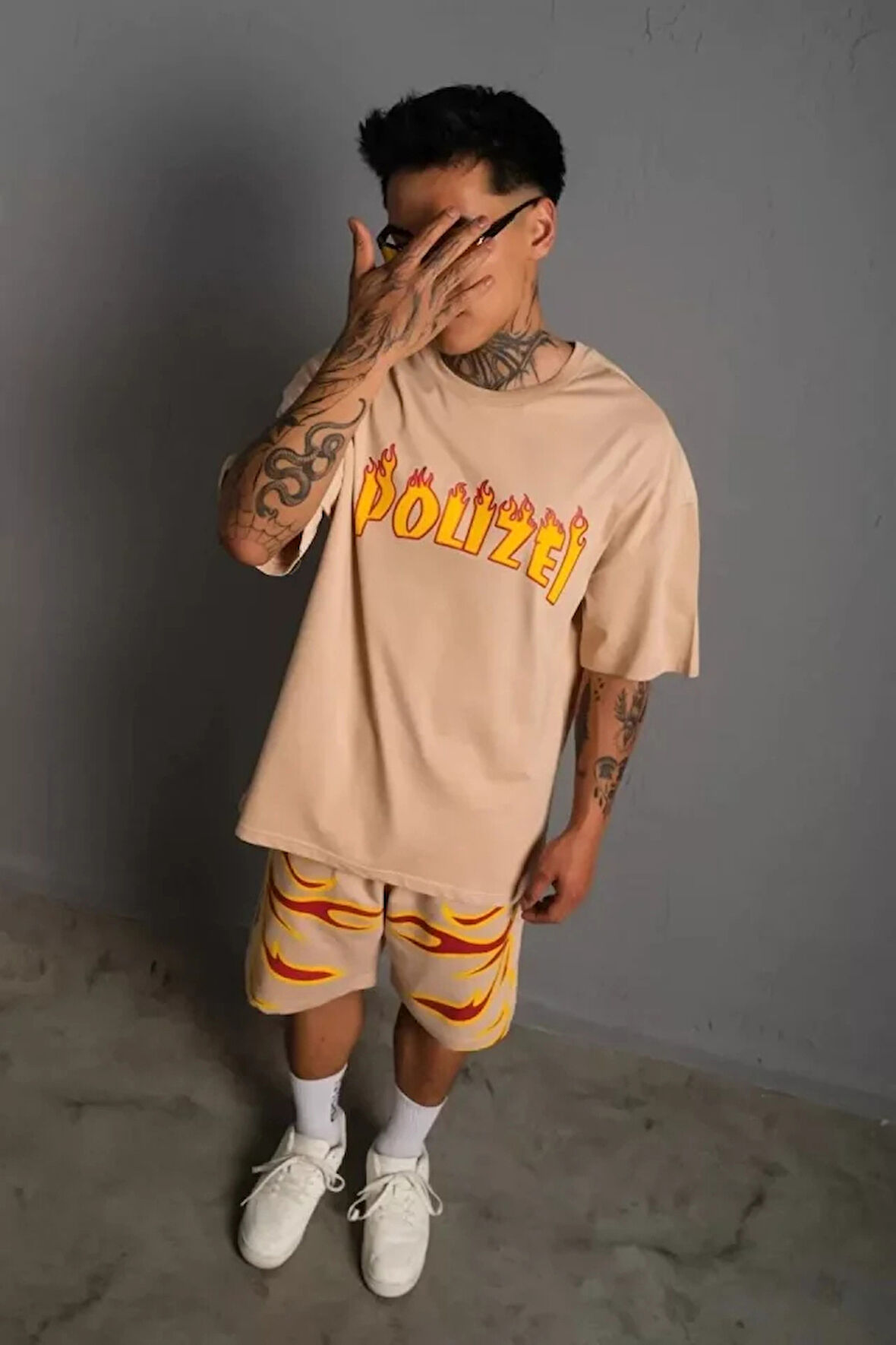 MDB Erkek Alev Baskılı İkili Şortlu Takım  Bej