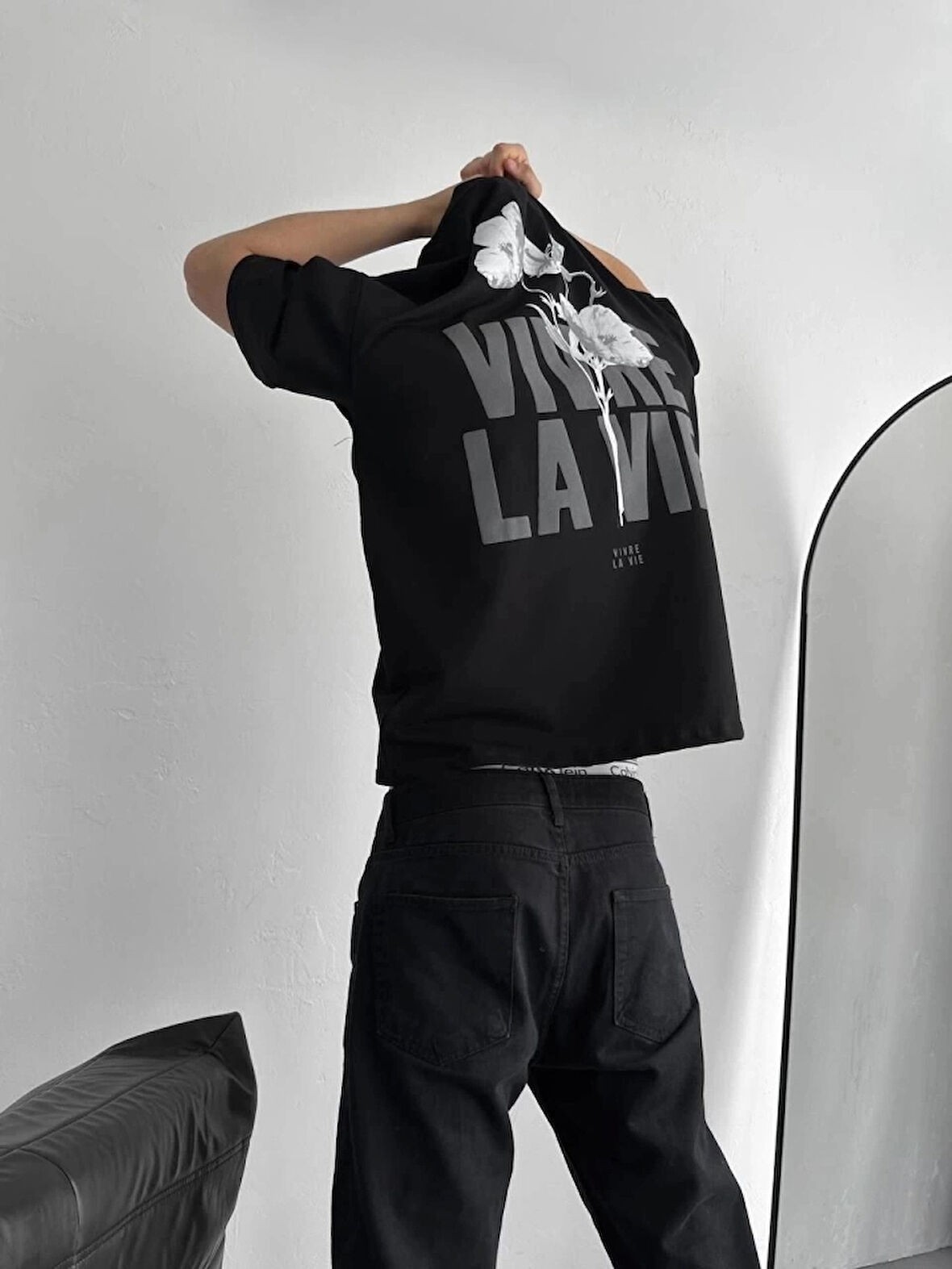 MDB Baskılı Oversize Bisiklet Yaka Tshirt  iyah