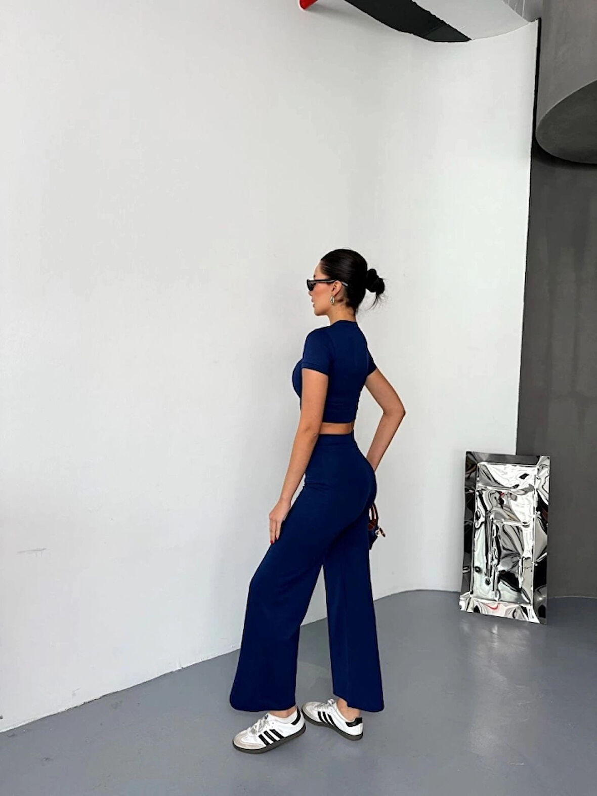 MDB Osy odal Yumuşak Dokulu Kumaş Kısa Kollu Crop Alt Ispanyol Paça Pantalon Ikili Takım  acivert
