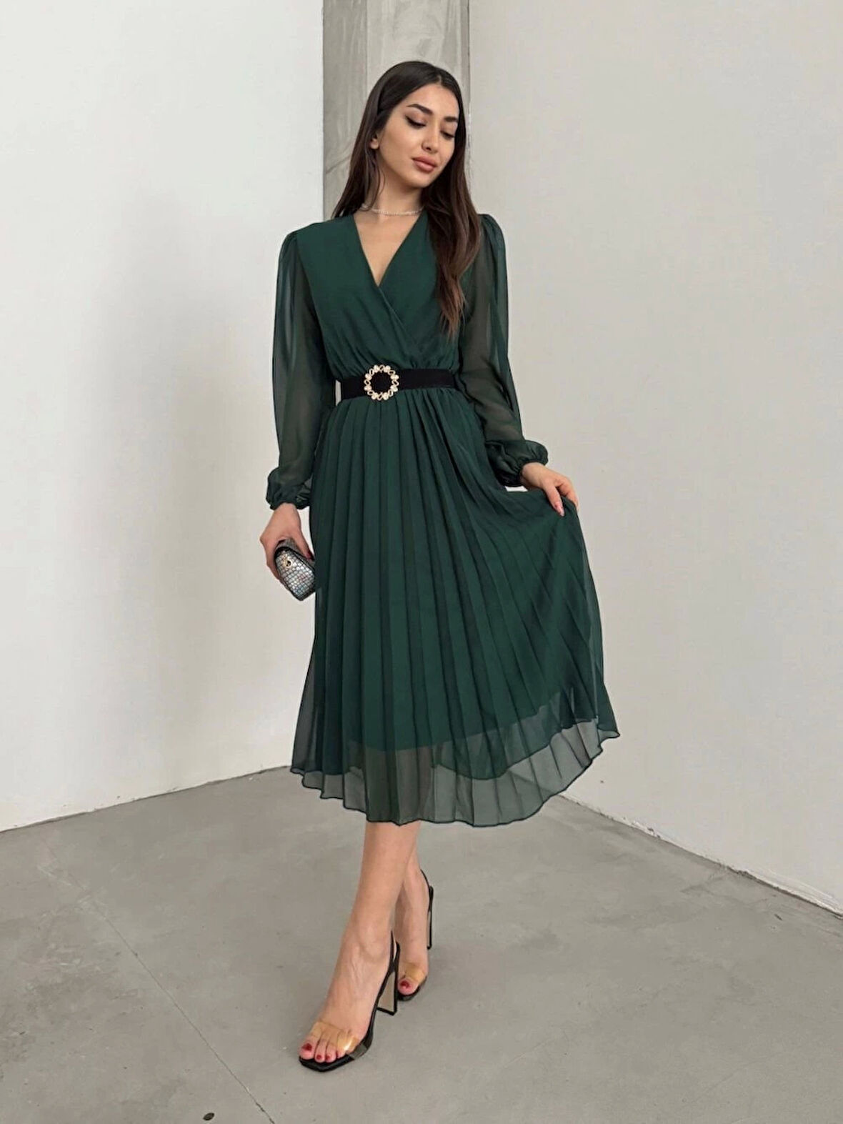 MDB Kadın şifon Kumaş Astalı Kloş Kesim Kruvaze Yaka idi Boy Elbise