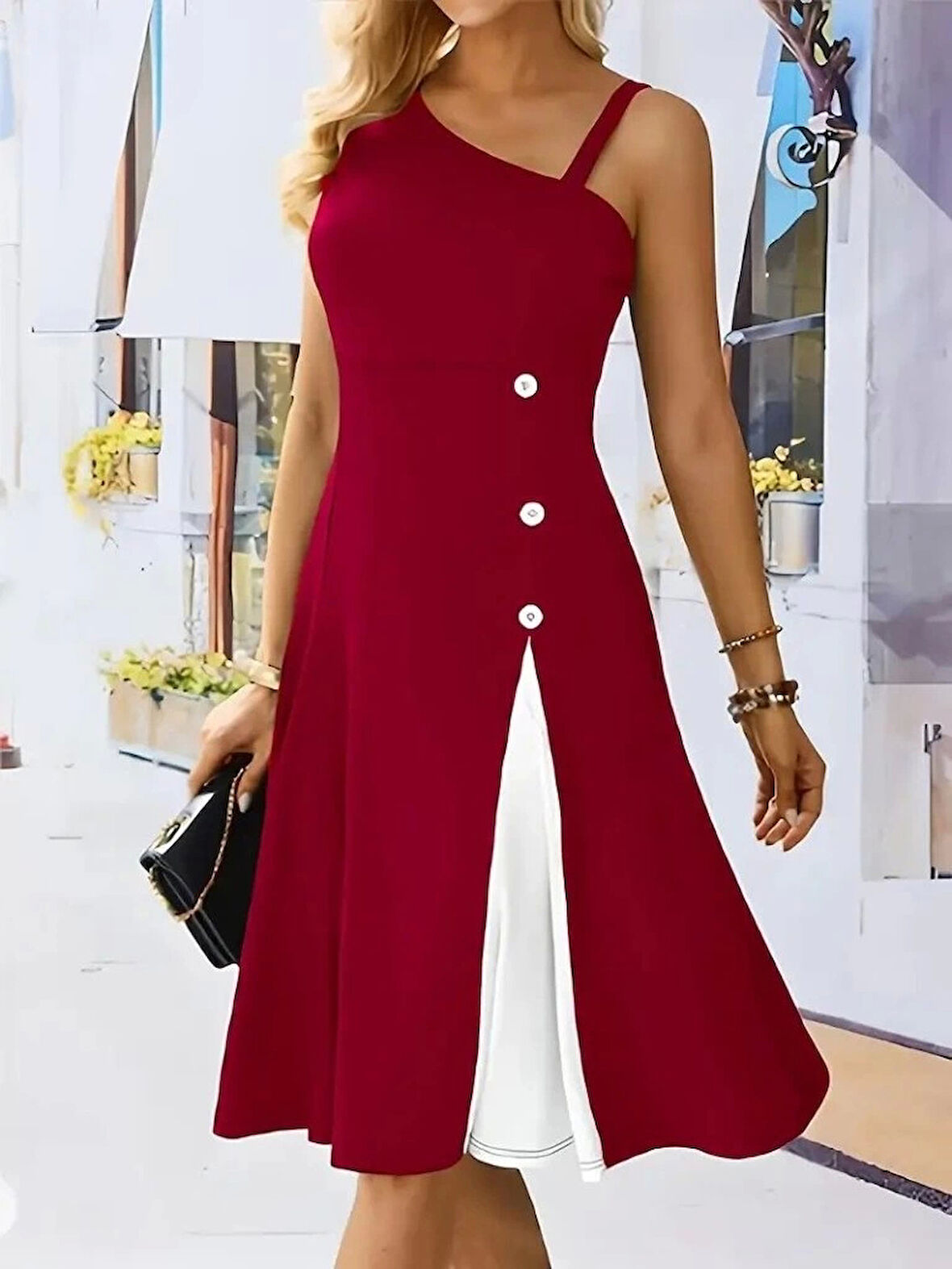 MDB Kadın Tek Omuzu şerit Detaylı Kolsuz Yandan Düğme Detaylı Janjan Krep Elbise