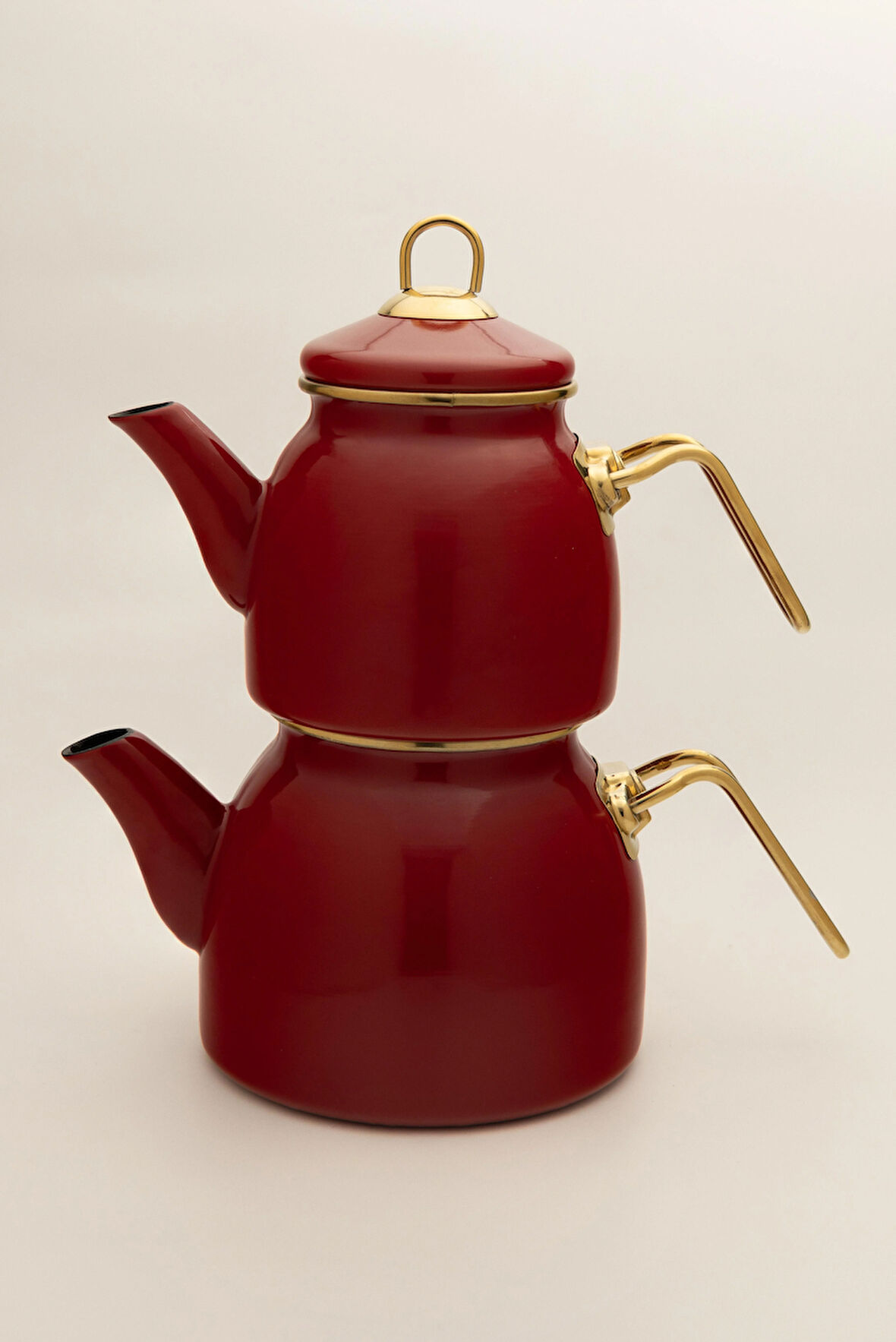 Bordo Emaye Çaydanlık Takımı 2 Lt | Altın Renkli Metal Kulplu Retro İndüksiyon Taban