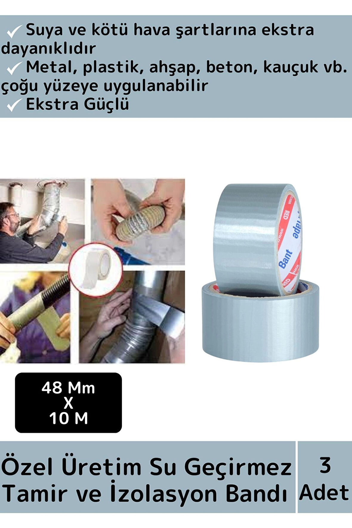 Premium Seri Süper Güçlü Su Geçirmez Gri Çok Amaçlı Tamir ve İzolasyon Bandı 48mm x 10 Metre 3 Adet