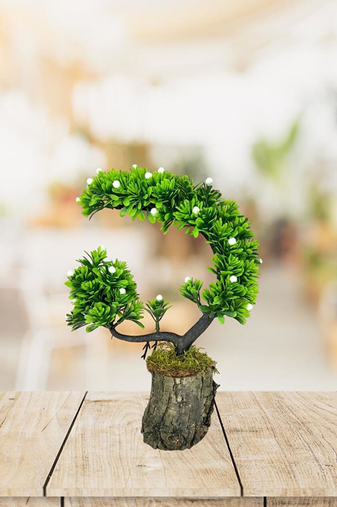 Yapay Çiçek Bonsai Ağacı Kütük Saksıda Beyaz Tomurcuklu Hilal Model Dekoratif Yapay Ağaç Bonzai 30*20 CM