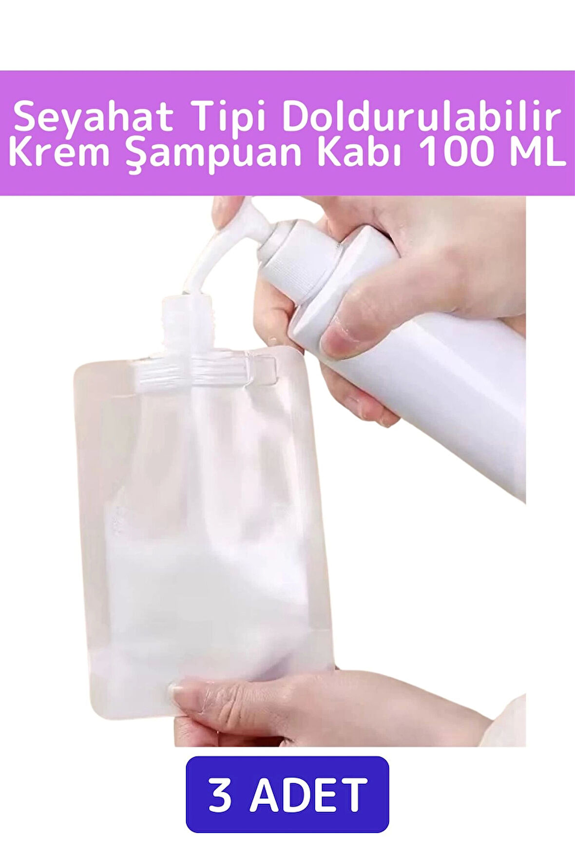 Seyahat Tipi Çanta Boy Sızdırmaz Yıkanıp Tekrar Kullanılabilir Krem Losyon Şampuan Kabı 100 Ml 3Adet