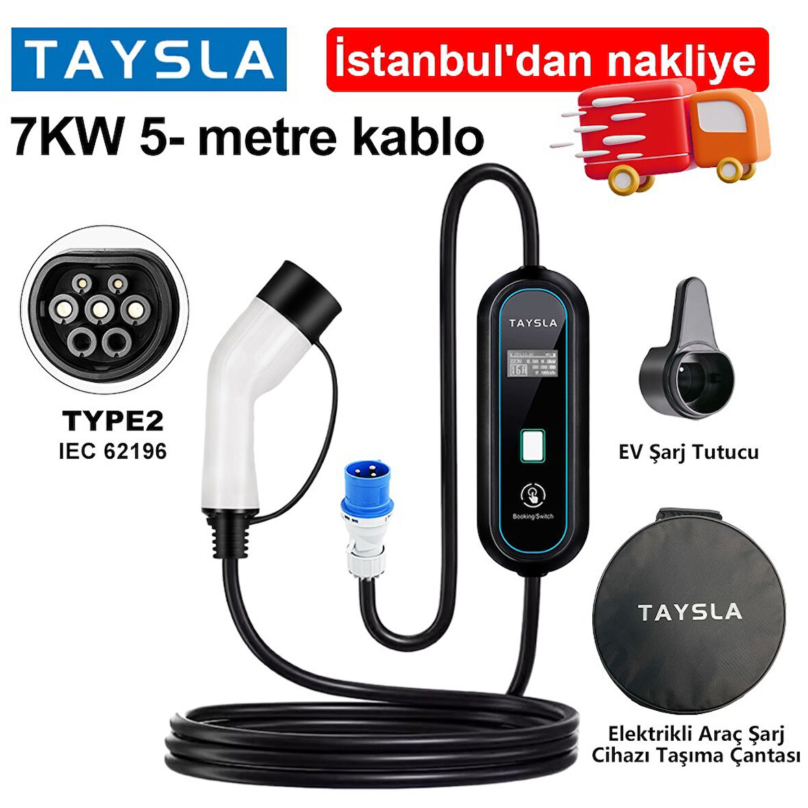 Taysla 7 kW 16A Ev Tipi Bireysel Taşınabilir Portatif Elektrikli Araç Şarj İstasyonu 7 Metre