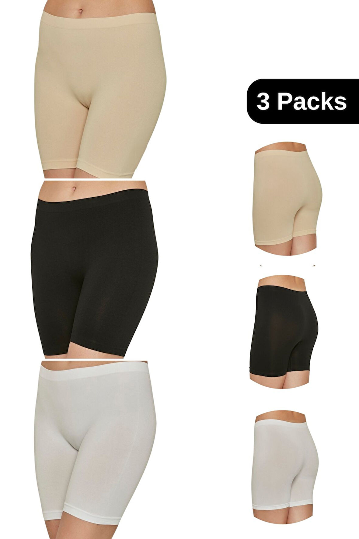 Kadın Boxer Külot - Lastikli Bel ve Yumuşak Kumaş 3'lü Paket (Siyah, Beyaz, Ten Renk)