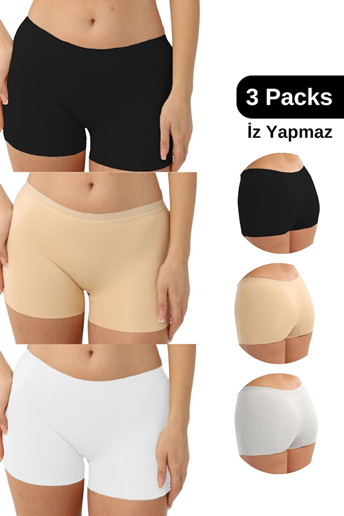 Kadın Boxer Külot - İz Yapmaz Dikişsiz Mikro Kumaş 3'lü Özel Paket (Siyah, Beyaz, Ten Renk)