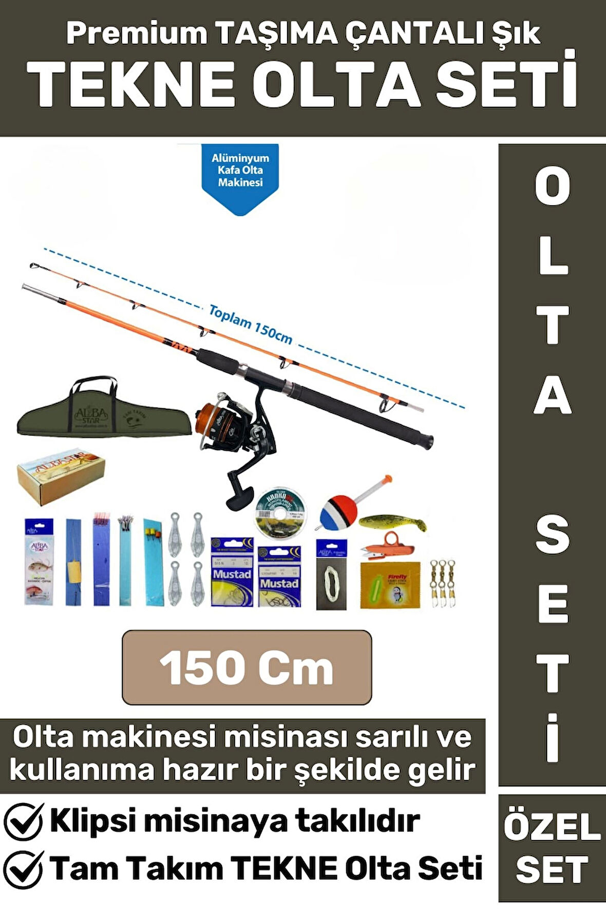 Profesyonel Kullanıma Hazır Şık Taşıma Çantası Hediyeli Balıkçı Hobi Tam Takım TEKNE OLTA SETİ 150Cm