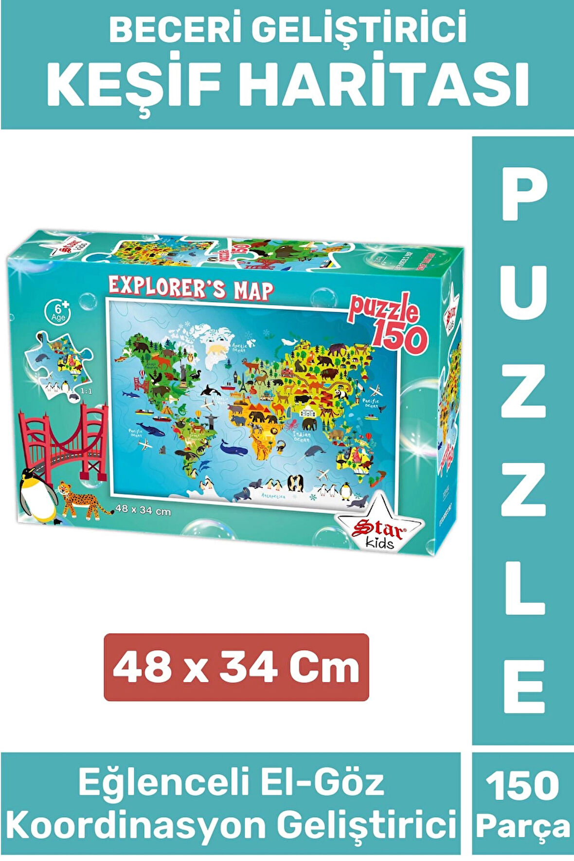 Premium Seri Eğlenceli El Göz Koordinasyon Beceri Geliştirici Çocuk 150 Parça PUZZLE KEŞİF HARİTASI