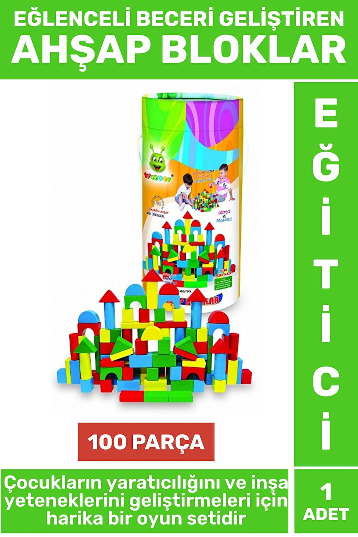 Premium Eğlenceli Görsel Algı İnşa Becerisi Hayalgücü Geliştiren 100 Parça Renkli AHŞAP BLOKLAR