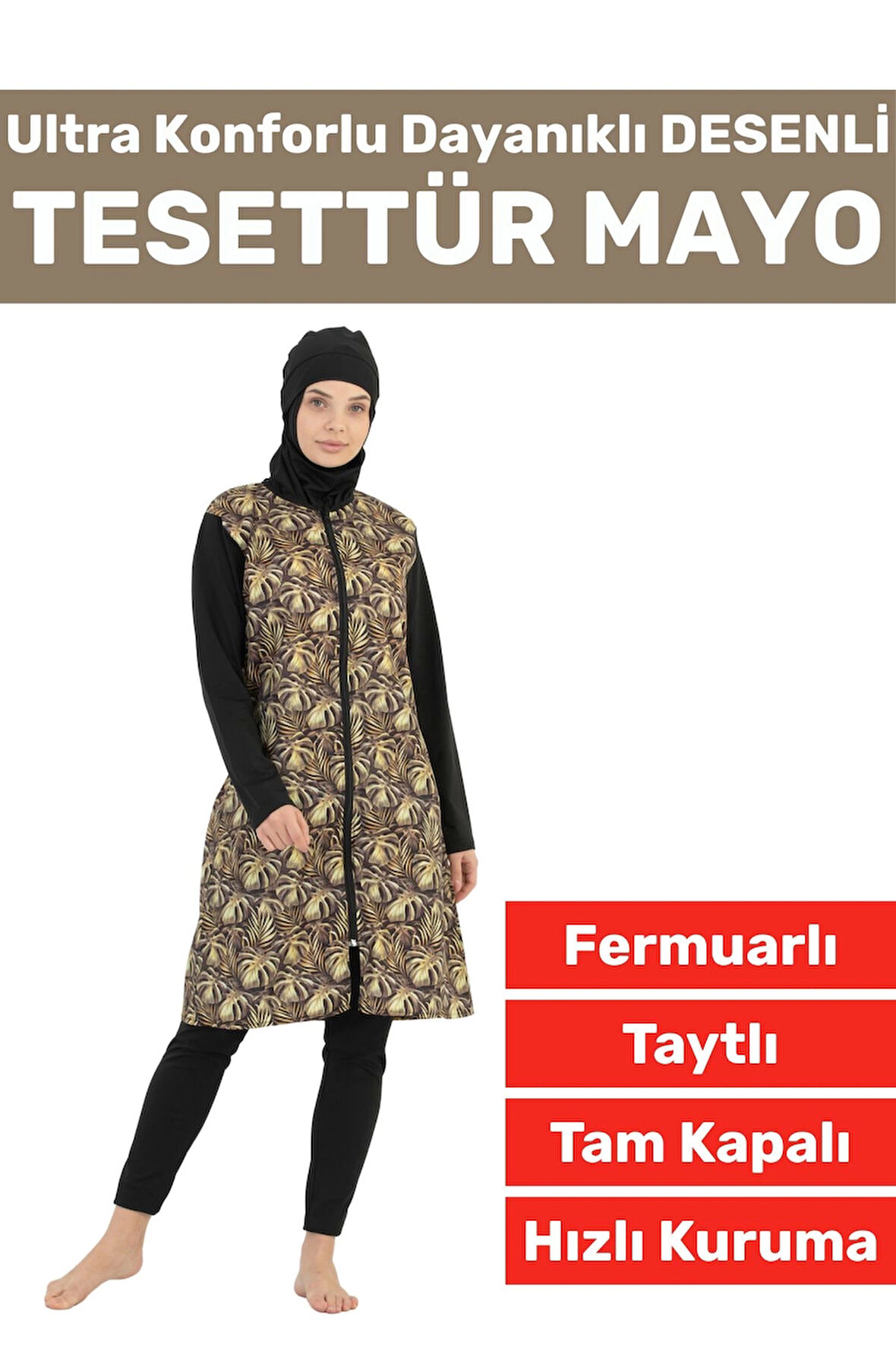 Yüksek Kalite Konforlu Fermuarlı Tam Kapalı Yüzücü Deniz Havuz Desenli Taytlı Tesettür Mayo