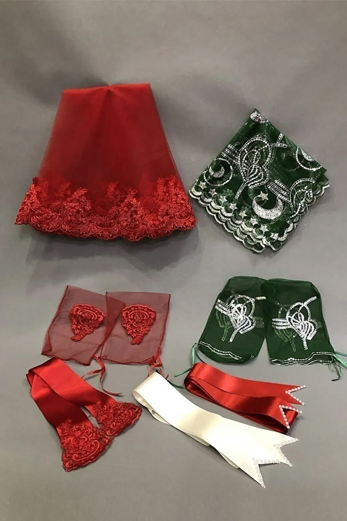 Lüks Kırmızı Gelin Duvağı Damat Örtüsü Ve Takı Kurdele Seti Kına Örtüsü