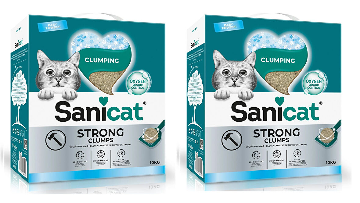 Sanicat Strong Clumps Extra Güçlü Bebek Pudralı Topkalanan Kedi Kumu 10 KG. X 2 Adet