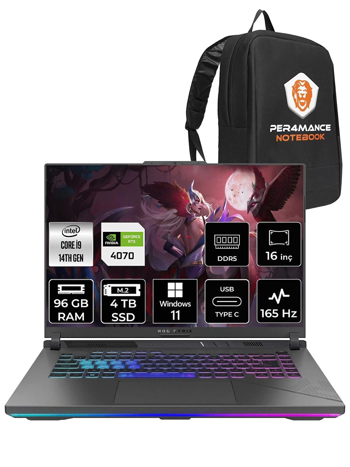 ASUS ROG Strix G16 i9-14900HX 96GB 4TB SSD RTX4070/8GB 165HZ 16" WUXGA W11H N3088 & PER4 ÇANTA