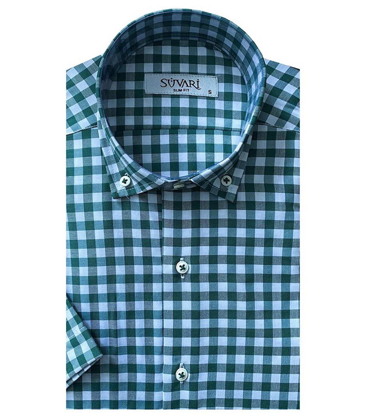 Süvari Slim Fit Yeşil Kareli Kısa Kollu Erkek Gömlek