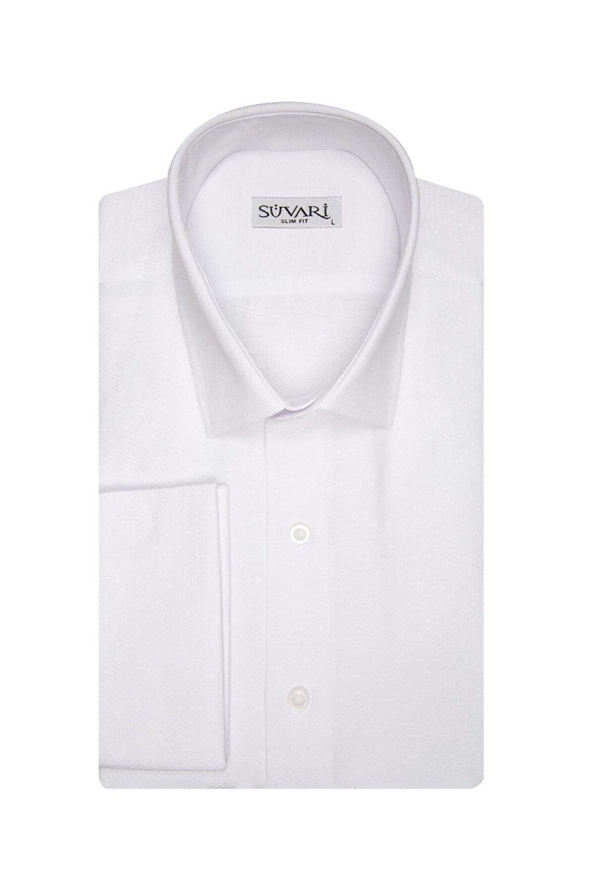 Süvari Erkek Beyaz Slim Fit Armür Desenli Manşetli Gömlek