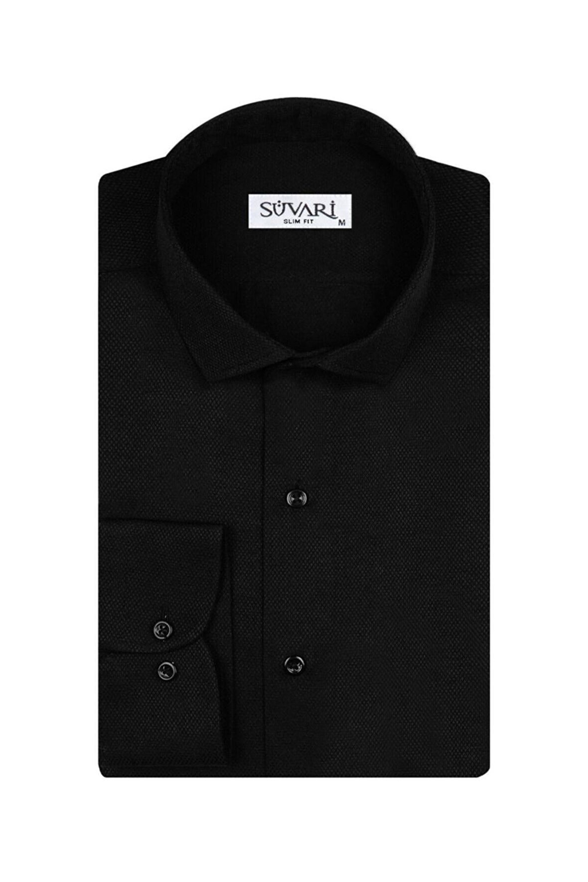 Süvari Slim Fit Armür Desenli Siyah Erkek Gömlek