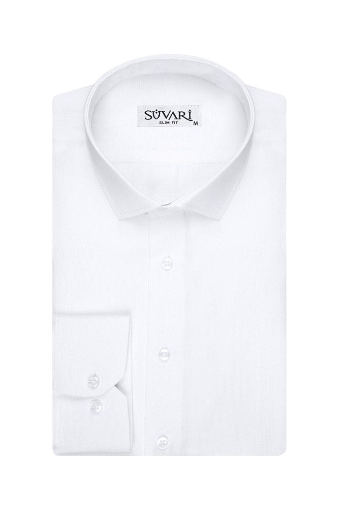 Süvari Armür Desenli Slim Fit Beyaz Erkek Gömlek