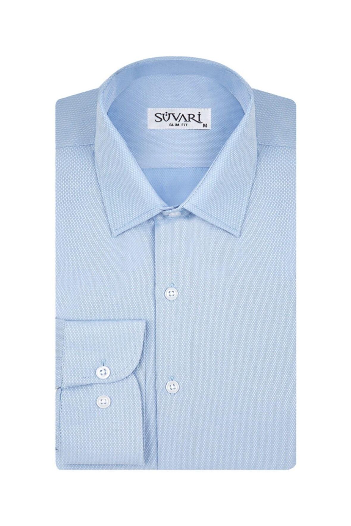 Süvari Slim Fit Armür Desenli Soluk Mavi Erkek Gömlek