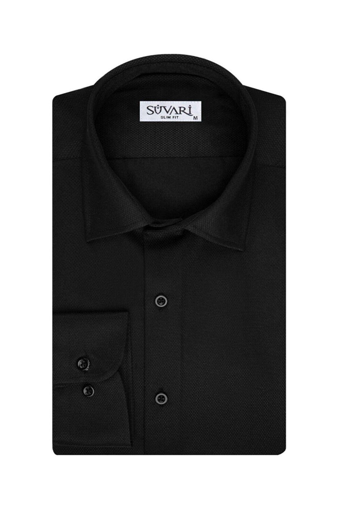 Süvari Slim Fit Armür Desenli Siyah Erkek Gömlek