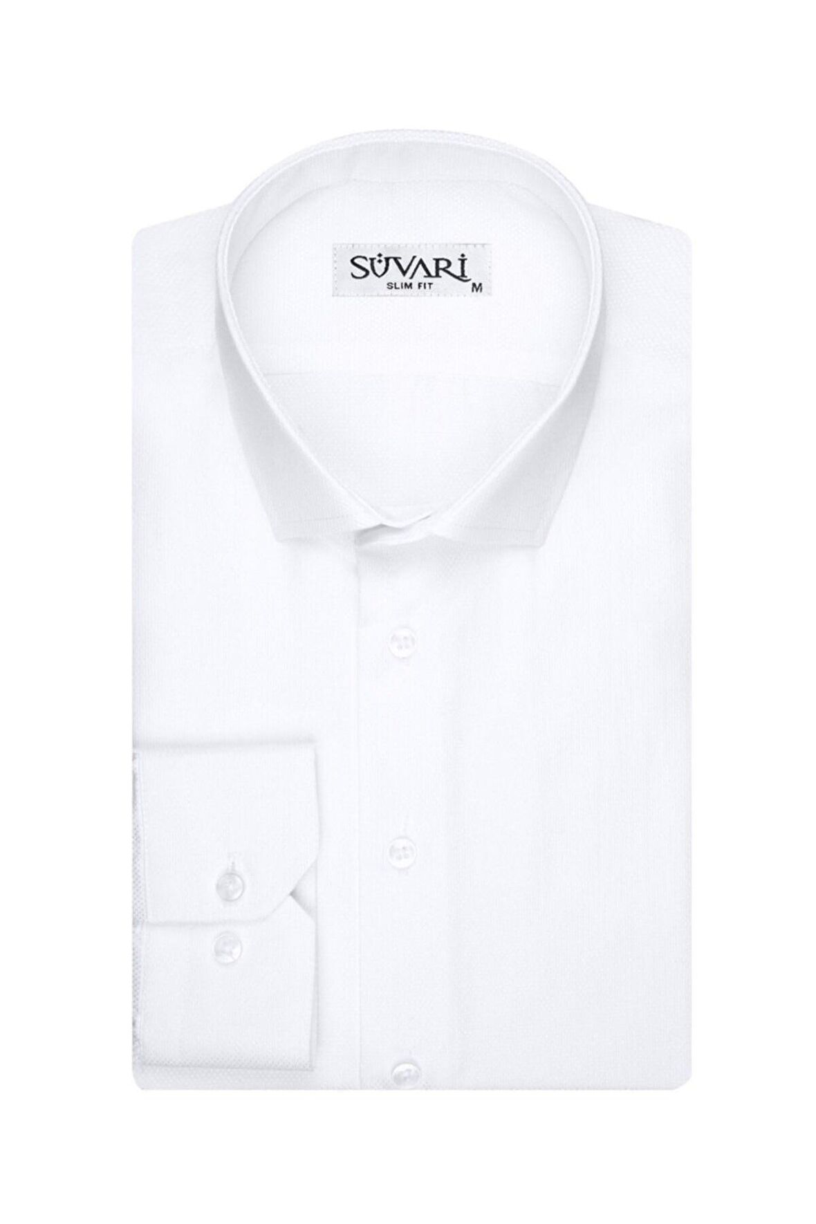 Süvari Armür Desenli Slim Fit Beyaz Erkek Gömlek