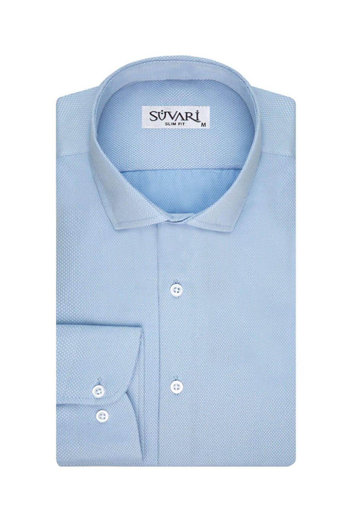 Süvari Slim Fit Armür Desenli Açık Mavi Erkek Gömlek