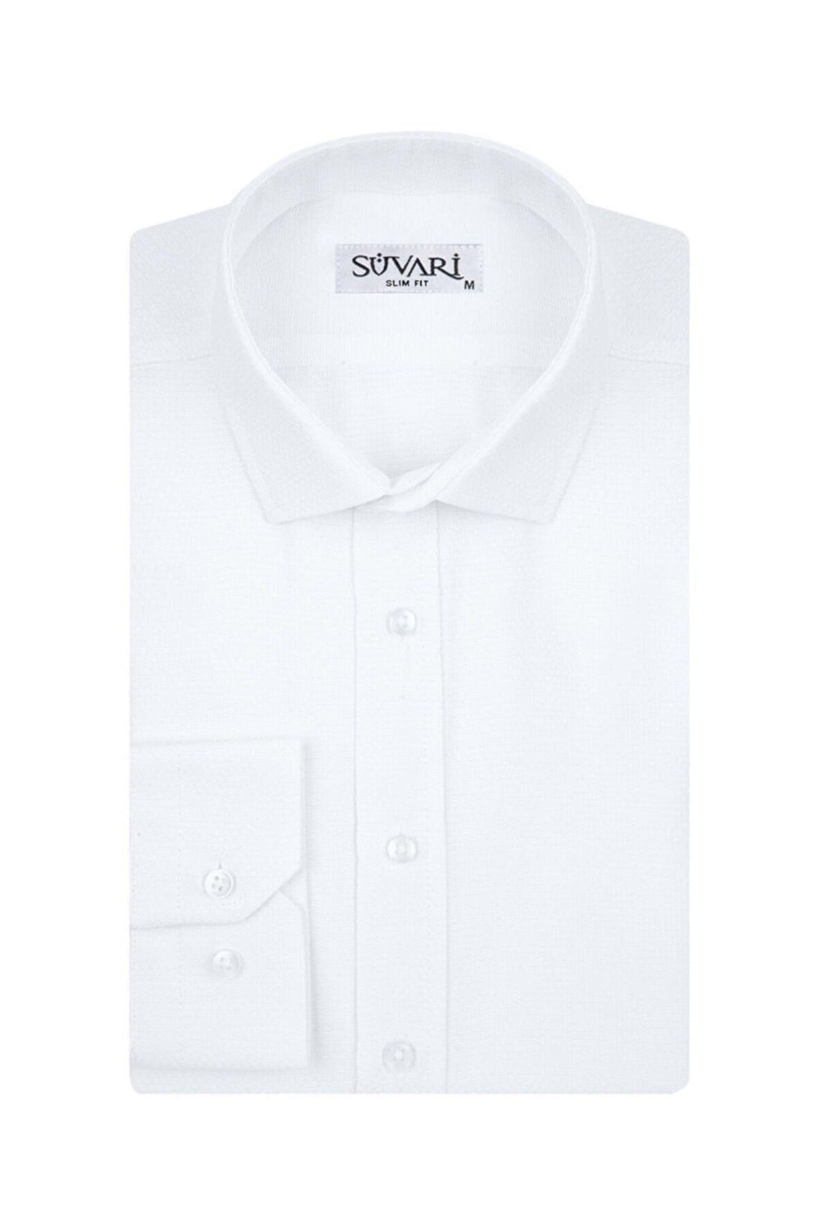 Süvari Slim Fit Armür Desenli Beyaz Erkek Gömlek