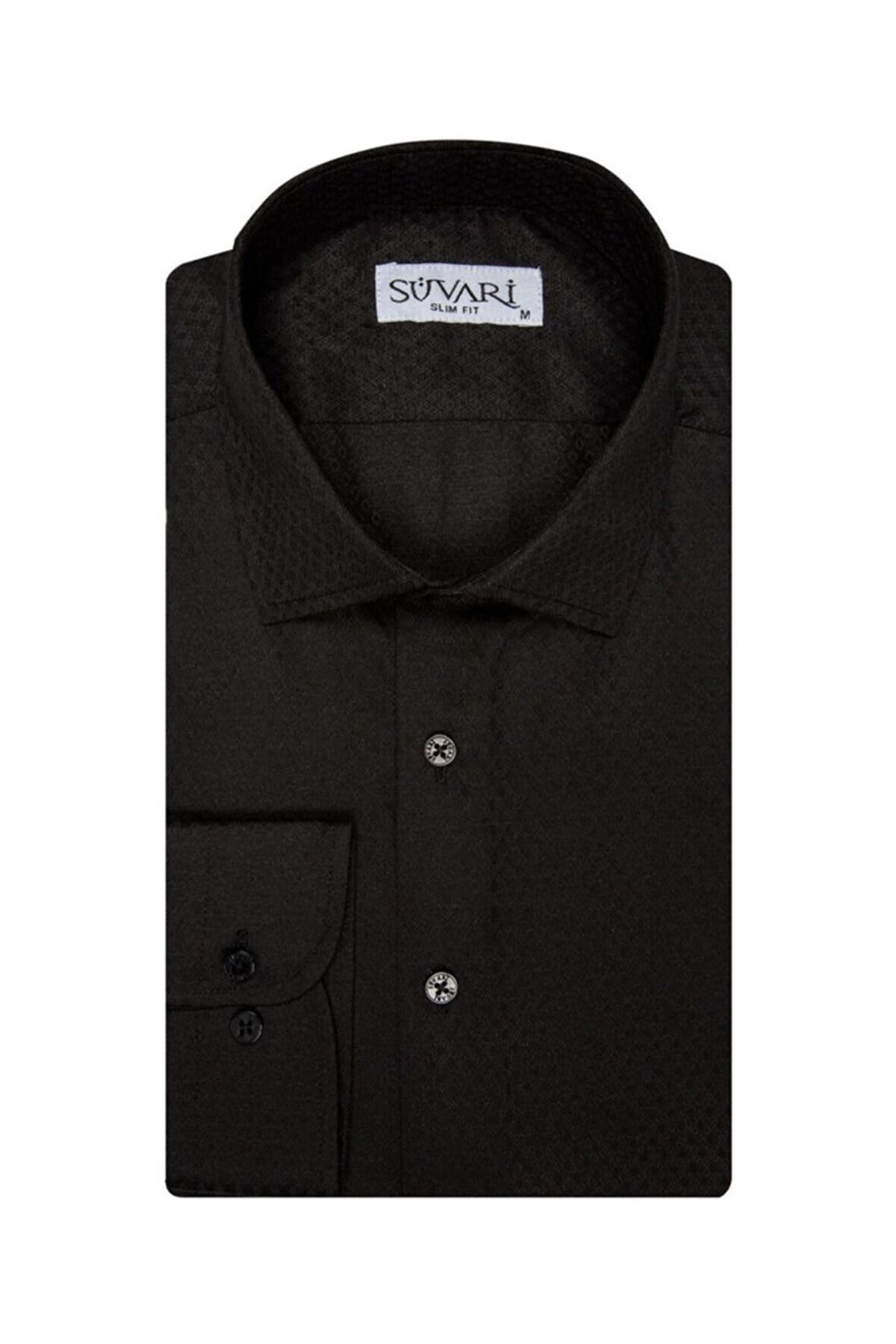 Süvari Slim Fit Armürlü Siyah Erkek Gömlek